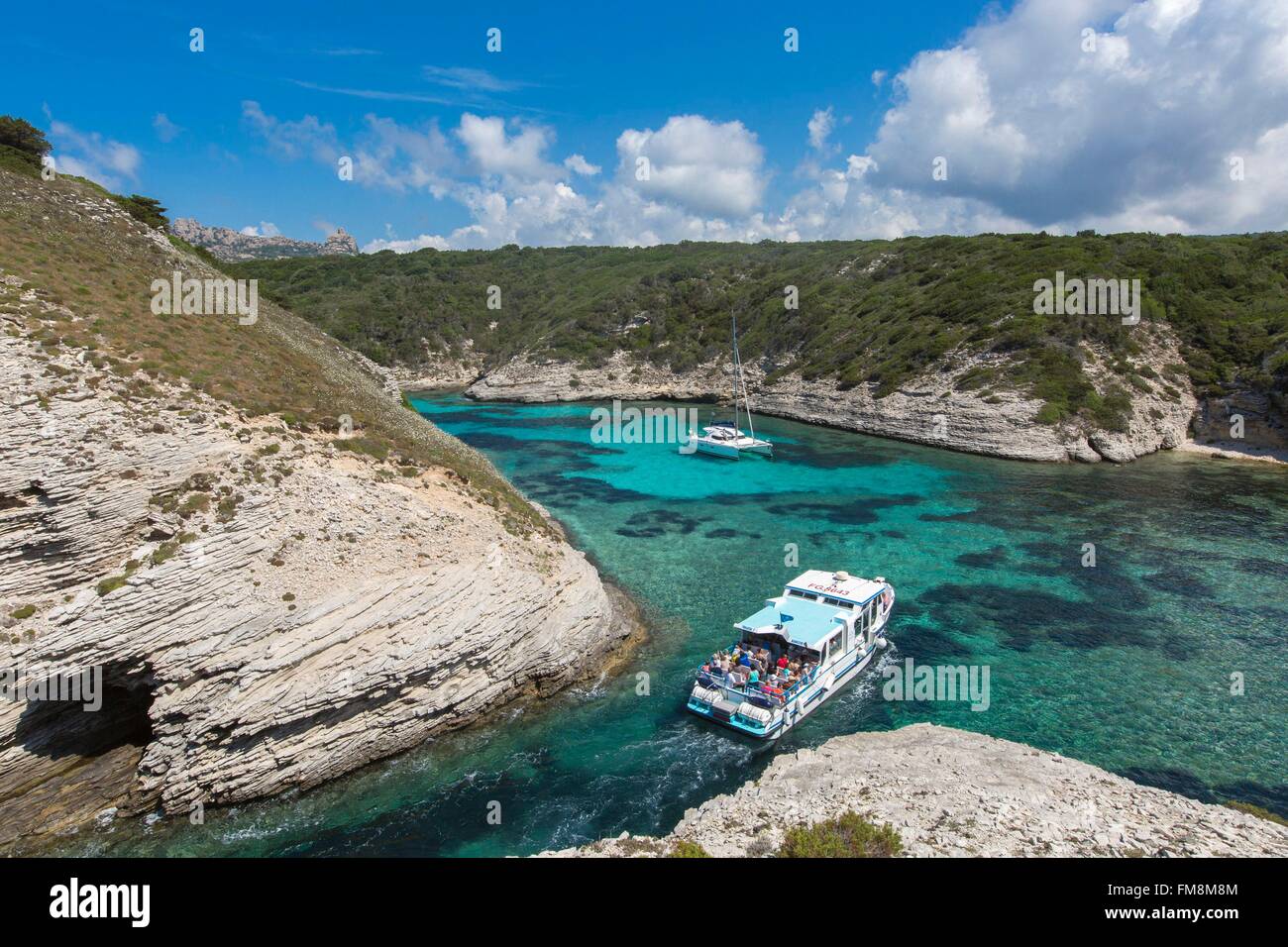 Francia, Corse du Sud, Bouches de Bonifacio, turisti in barca Foto Stock