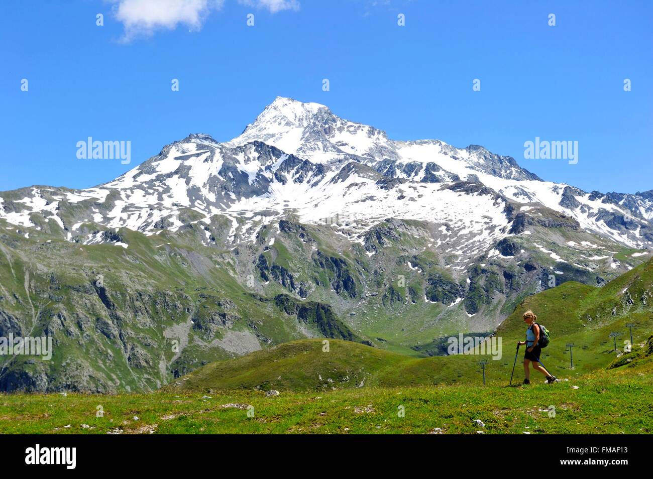 Francia, Savoie, Vanoise, La Plagne, che si affaccia sul Ghiacciaio di Bellecote da la Roche de Mio (2700m) Foto Stock