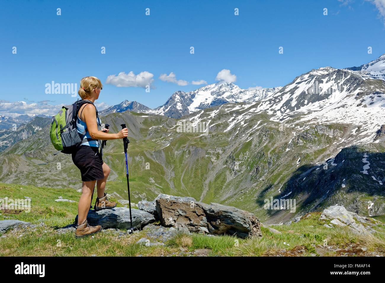 Francia, Savoie, Vanoise, La Plagne, che si affaccia sul Ghiacciaio di Bellecote da la Roche de Mio (2700m) Foto Stock