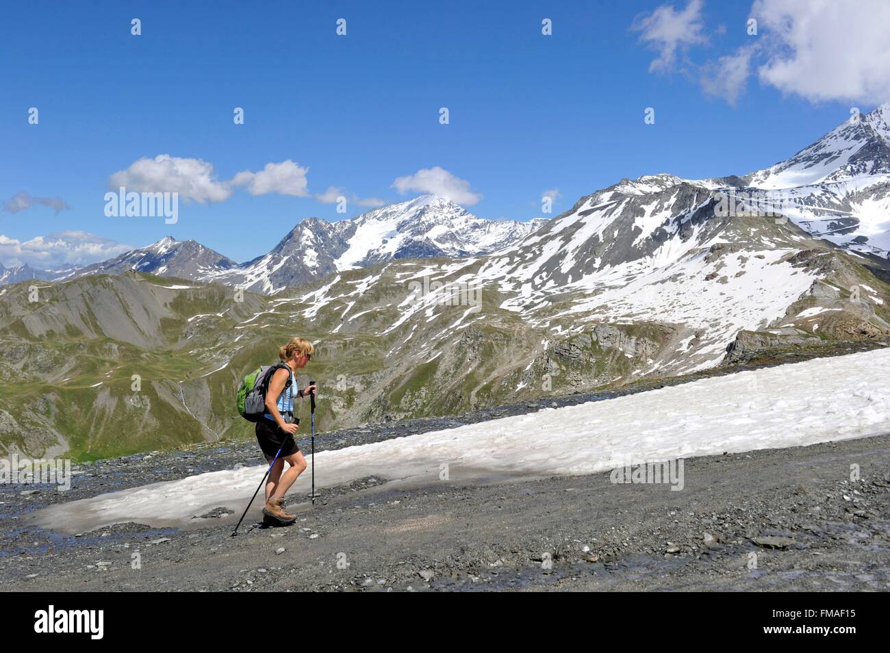 Francia, Savoie, Vanoise, La Plagne, che si affaccia sul Ghiacciaio di Bellecote da la Roche de Mio (2700m) Foto Stock