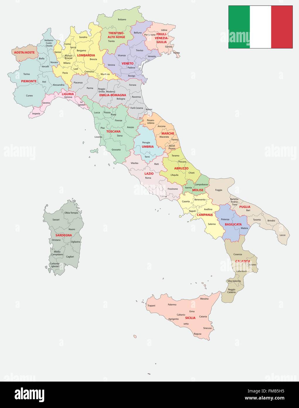 Italia mappa amministrativa con bandiera Illustrazione Vettoriale