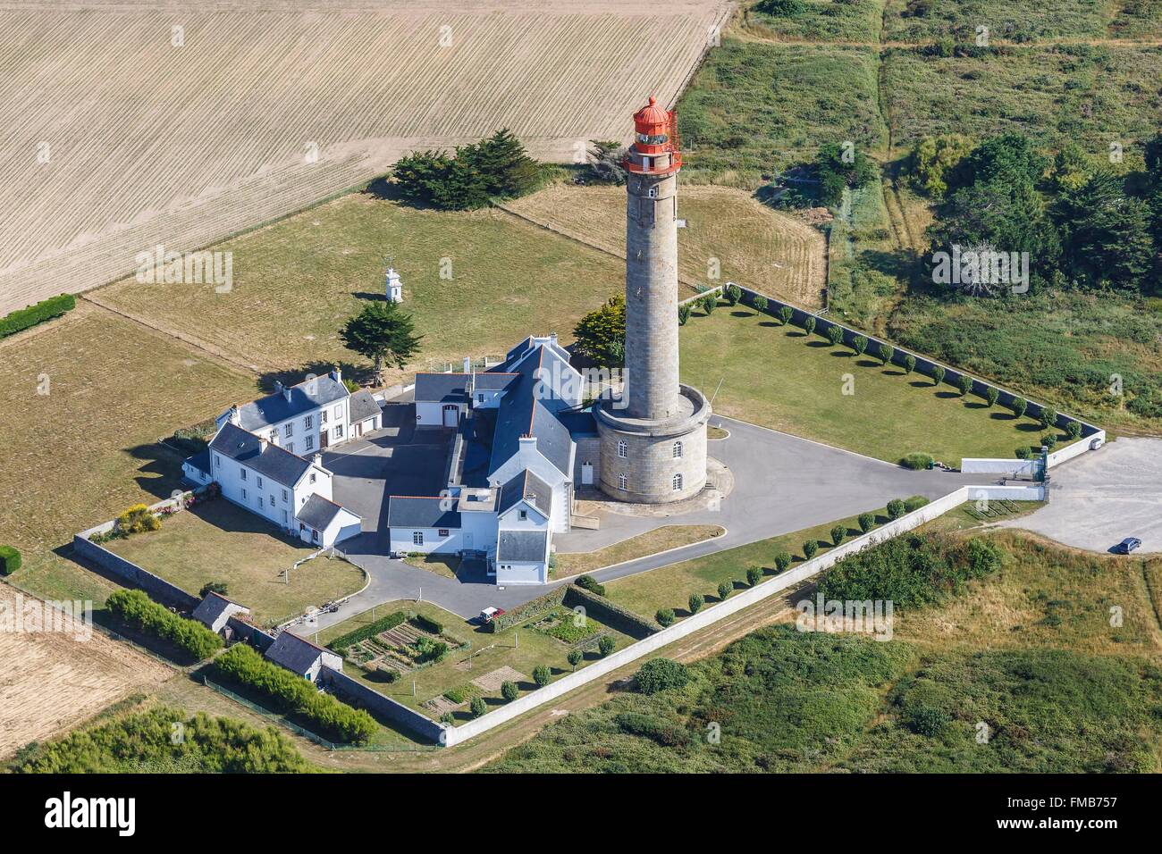 Francia, Morbihan, Belle Ile, Bangor, il Grand faro Phare (vista aerea) Foto Stock