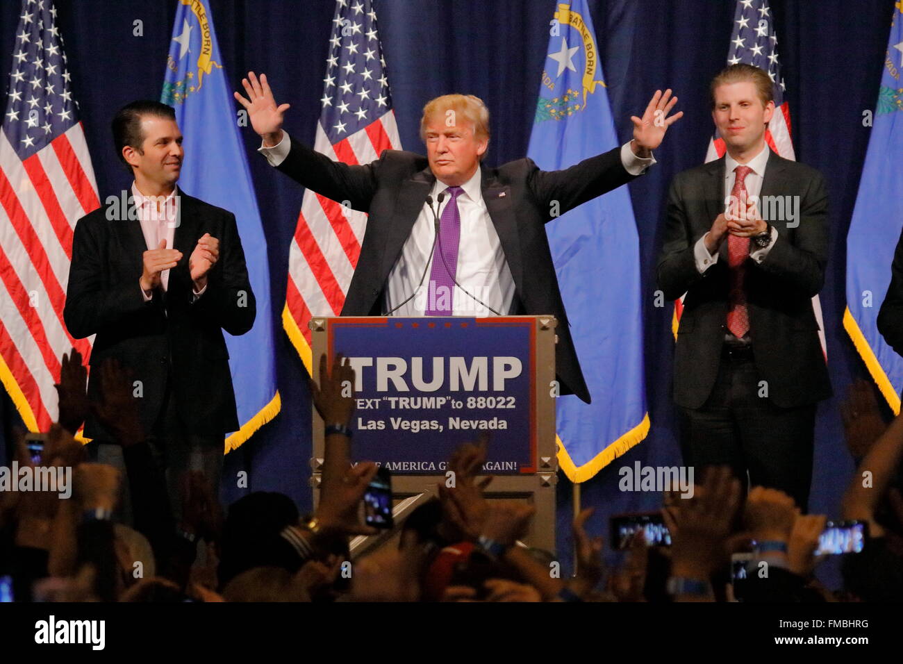 Donald Trump discorso vittoria seguente grande vittoria in Nevada caucus, Las Vegas, nanovolt Foto Stock