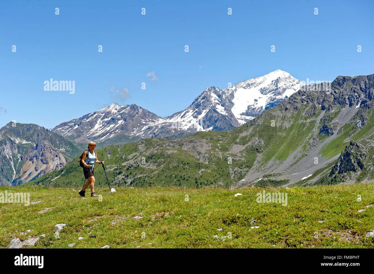 Francia, Savoie, Vanoise, La Plagne, che si affaccia sul Ghiacciaio di Bellecote da la Roche de Mio (2700m) Foto Stock