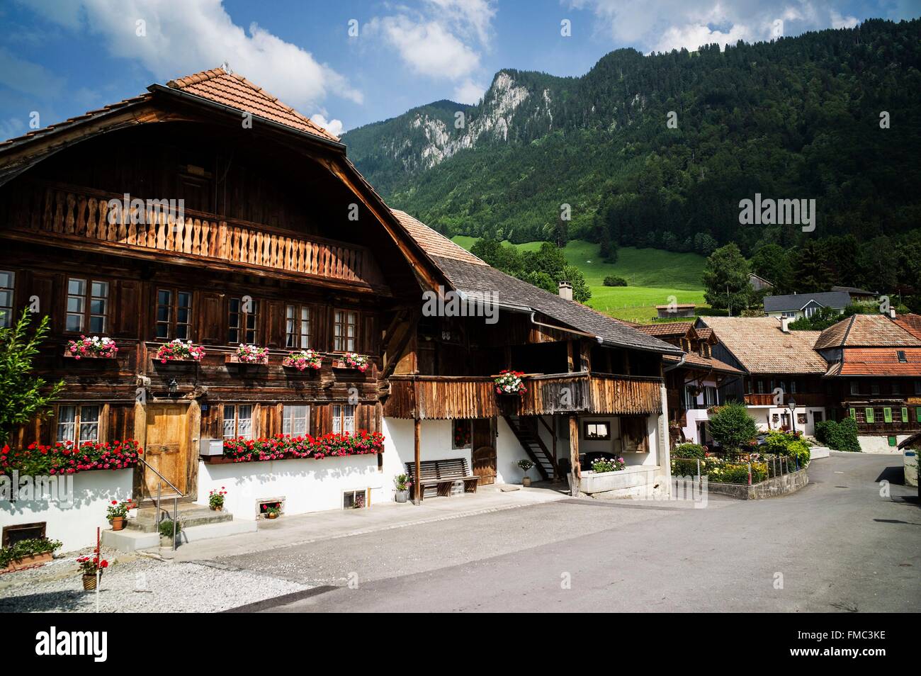 La Svizzera, nel Cantone di Friburgo, Intyamon valley, Estavannens, fattorie Foto Stock