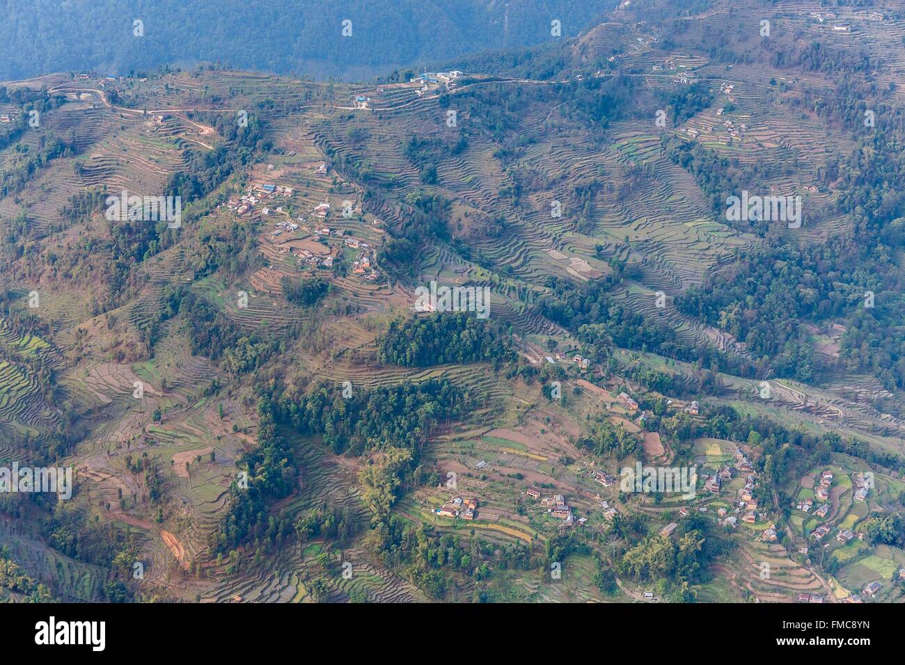Il Nepal, Gandaki zona, Pokhara, Dhital village e terrazza campi (vista aerea) Foto Stock