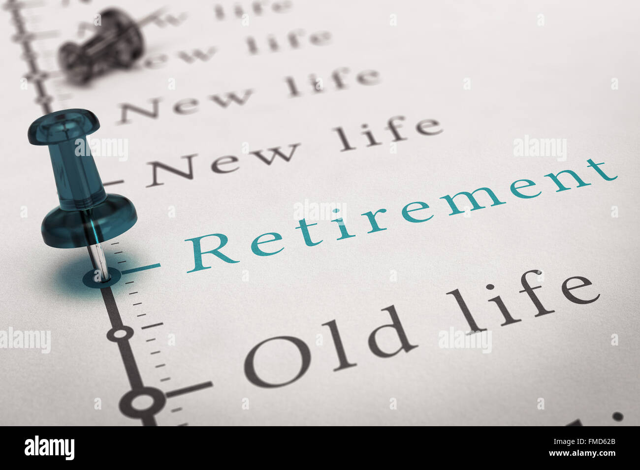 Il pensionamento scritto su una timeline stampato su un foglio di carta con una puntina blu, il concetto di immagine per le modifiche dopo la vita lavorativa. Foto Stock