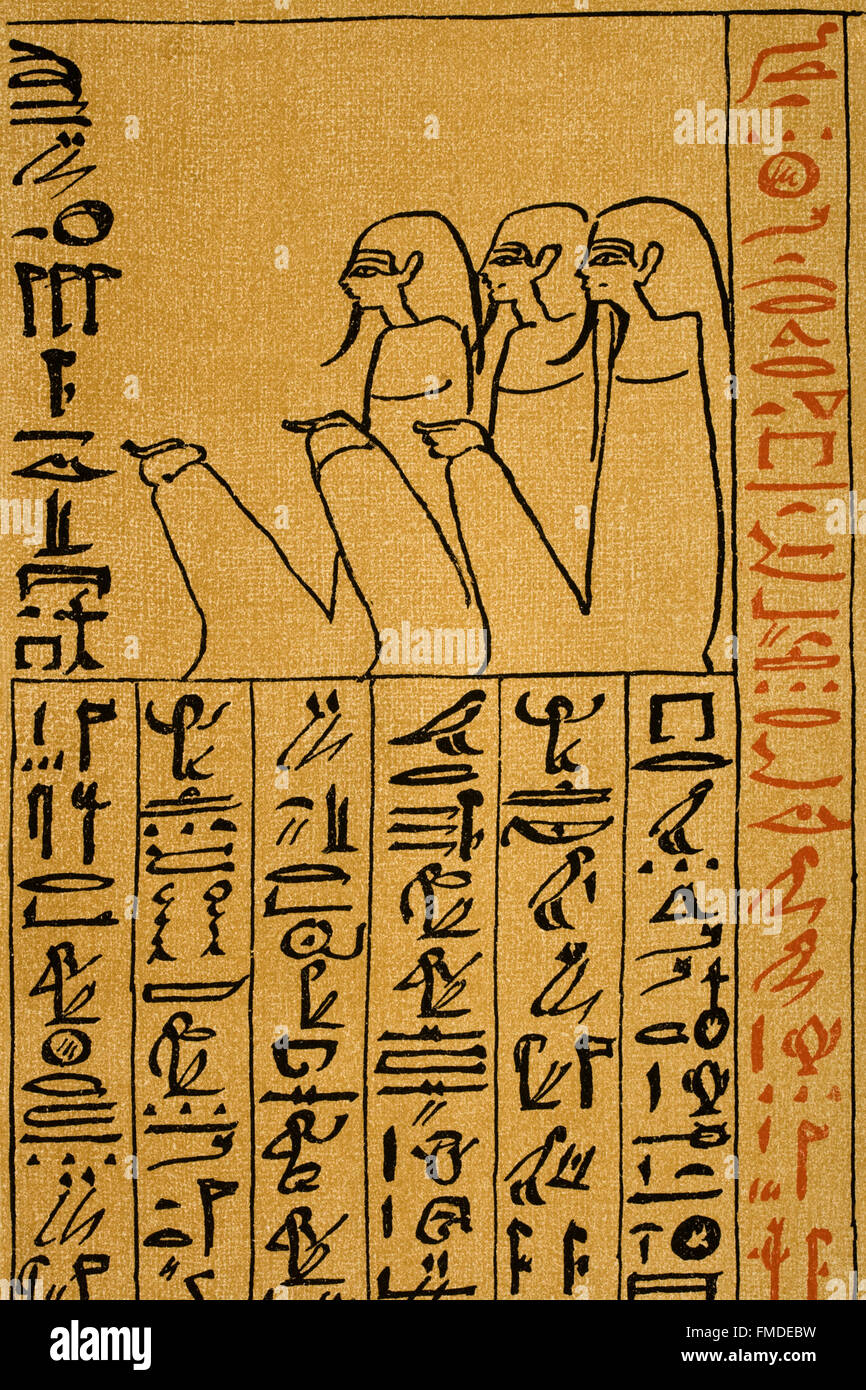 Litografia di geroglifici egiziani su papiro Foto Stock