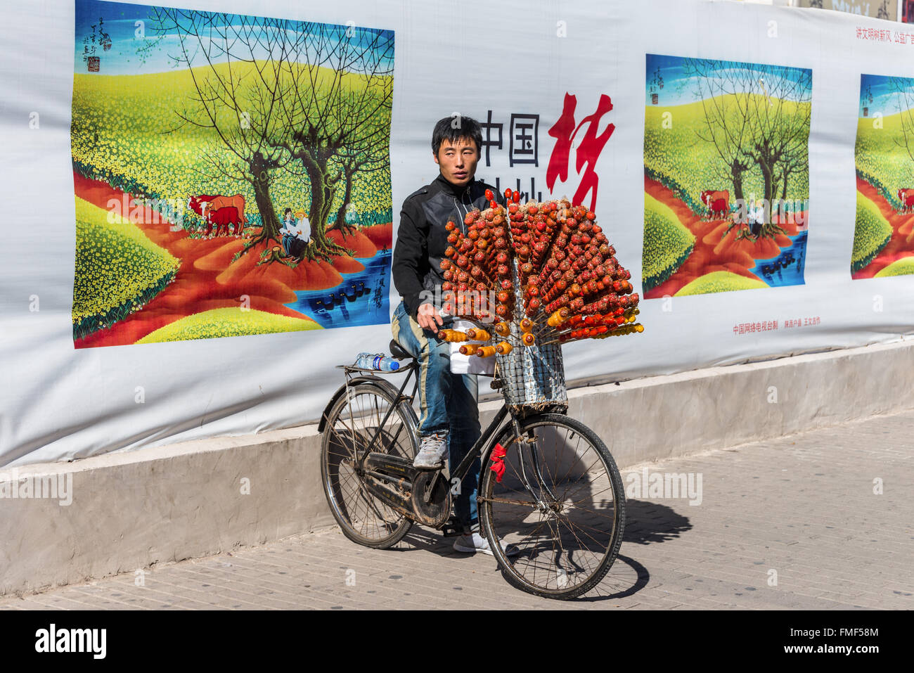 Fornitore cinese sulla sua bicicletta vendita di frutta candita (Tanghulu) a Pechino, in Cina. Foto Stock