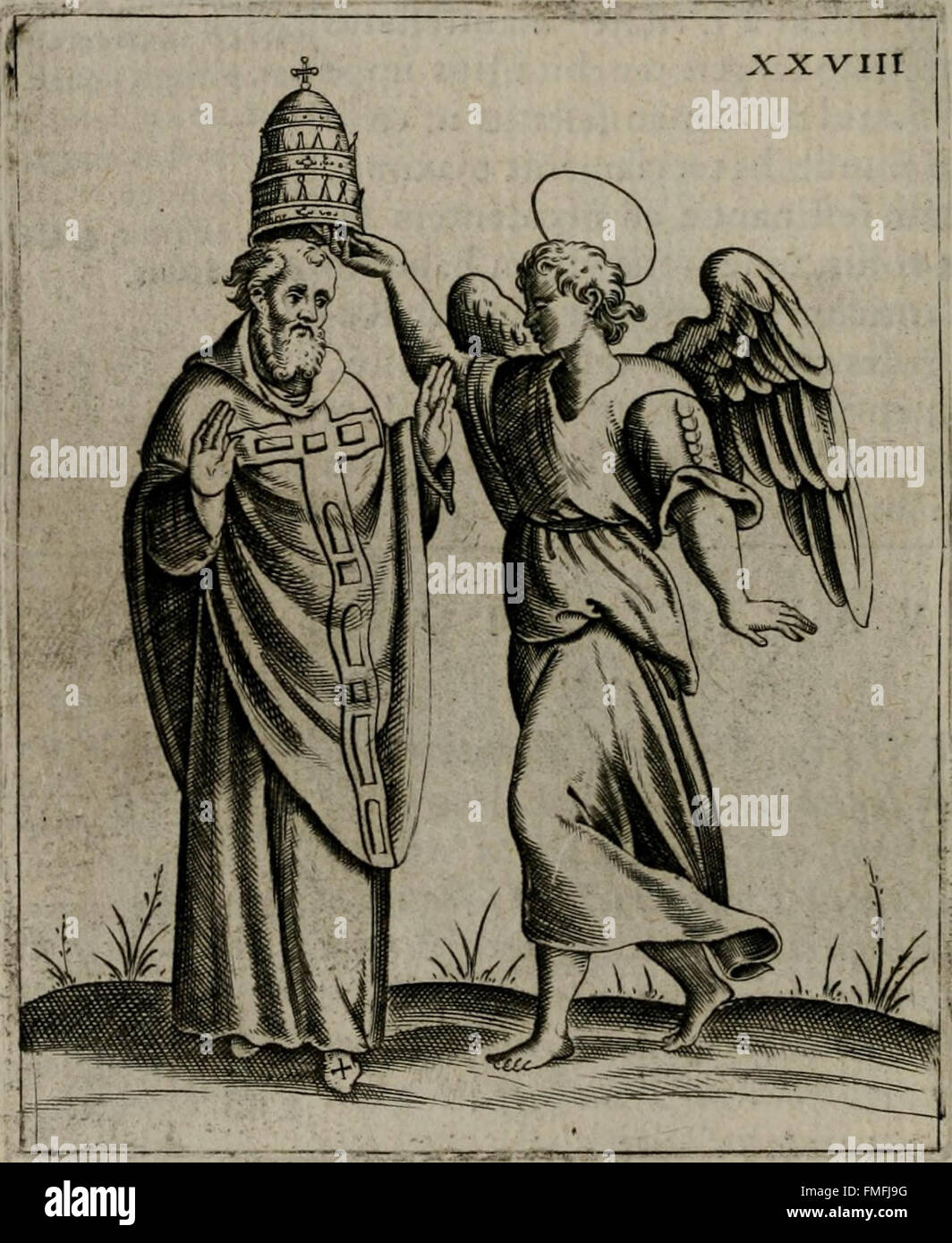 Una pubblicazione del 1589 che presenta profezie attribuite a Gioacchino di Fiore e Anselmo di Marisco, accompagnate da incisioni in rame e annotazioni accademiche. Foto Stock