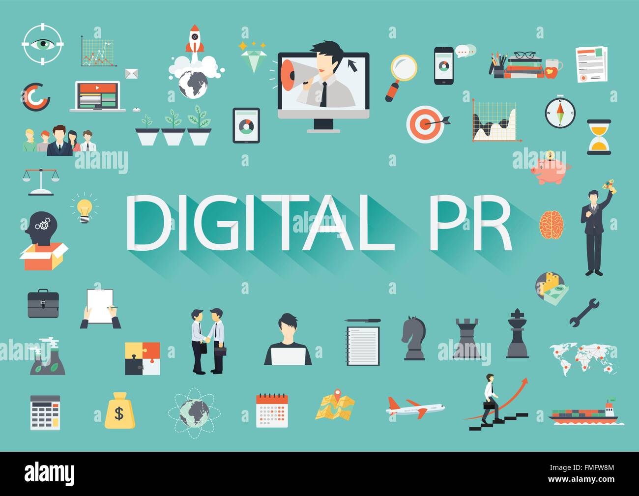 Digital PR concetto vettoriale con icone piatta illustrazione per presentazioni e relazioni Illustrazione Vettoriale