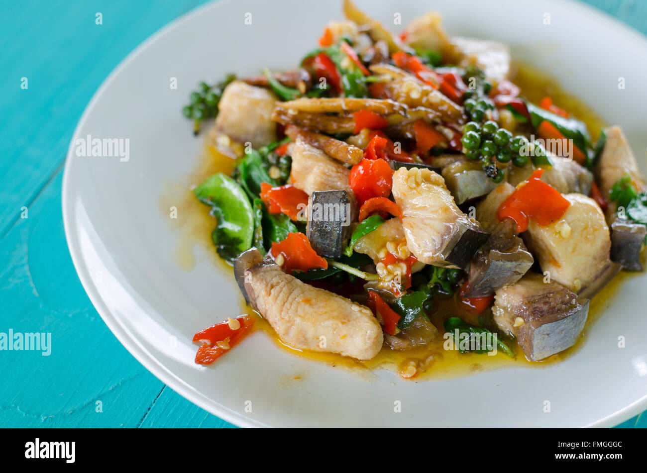 Mescolare fritti speziati del Fiume Mekong il pesce Foto Stock