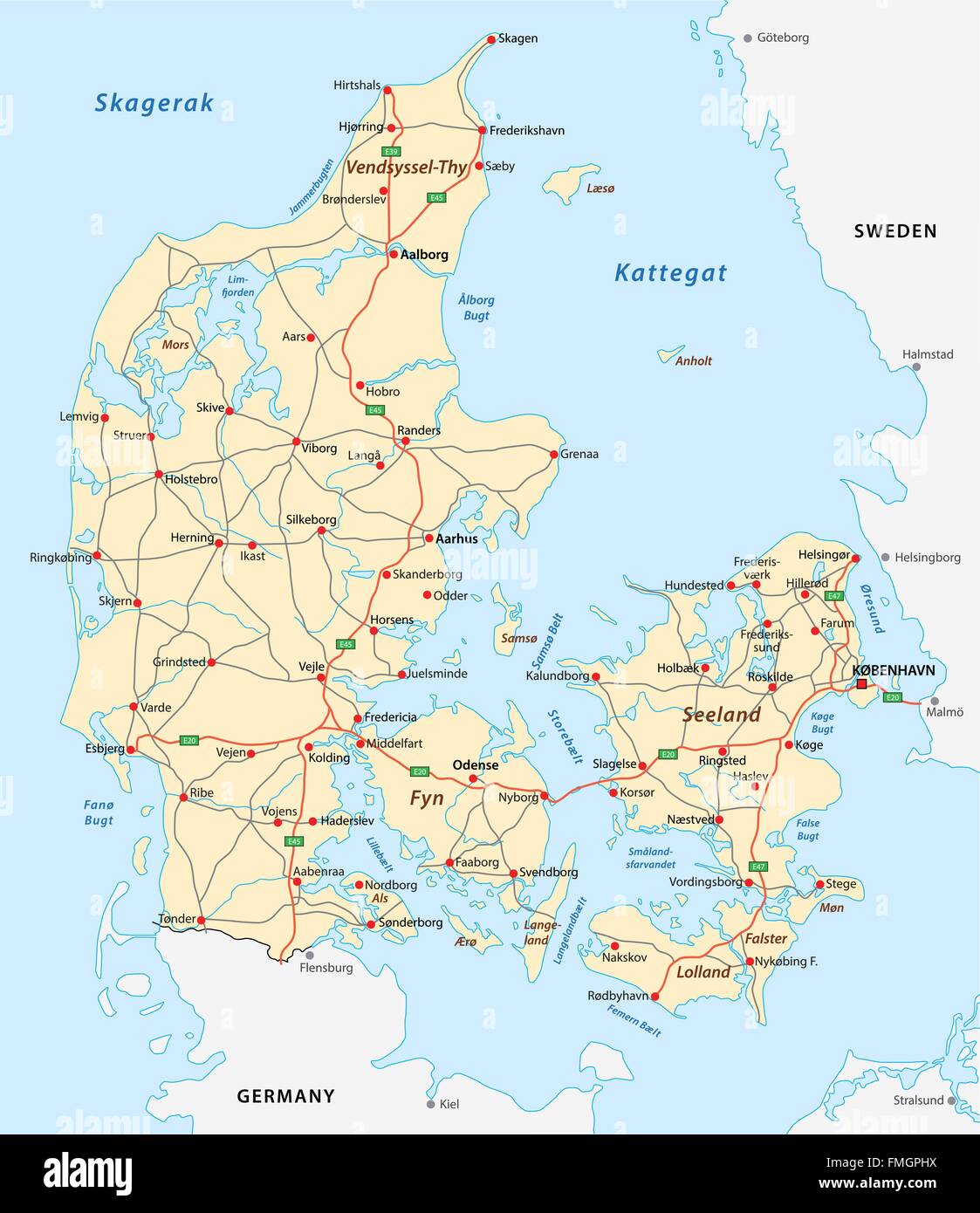 La Danimarca mappa stradale Illustrazione Vettoriale