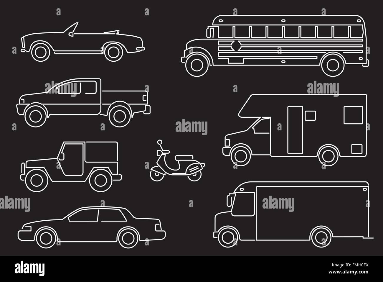 Set di otto autoveicolo illustrazioni, icona linea stile, bianco su nero Illustrazione Vettoriale