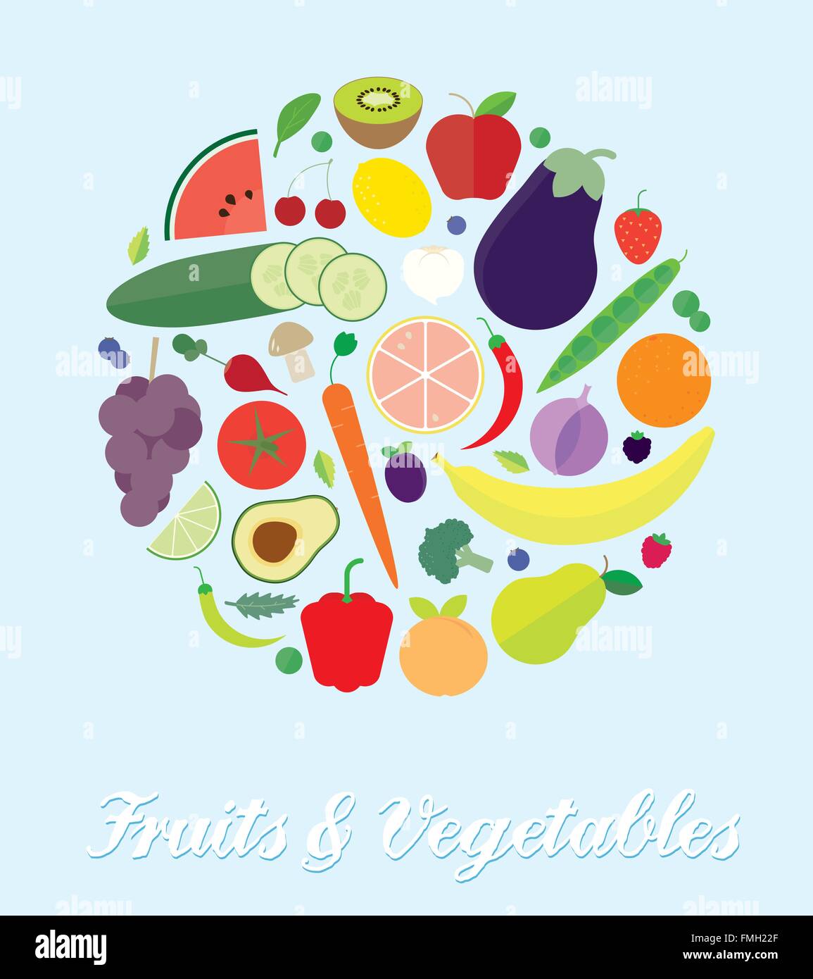 Illustrazione dei vari frutti e verdure disposte in un cerchio. Design piatto, nessun gradienti o lucidi. Illustrazione Vettoriale
