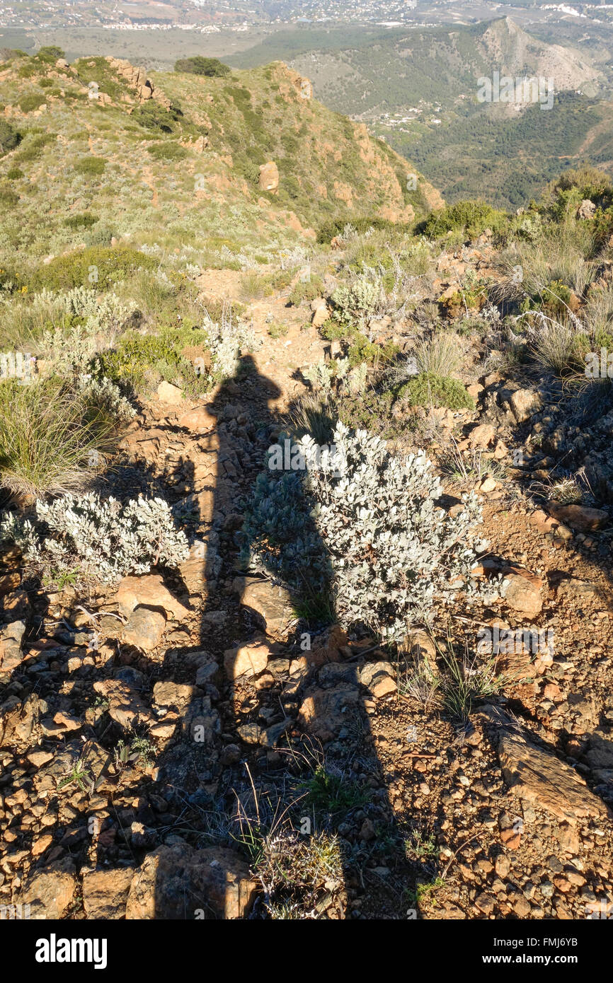 Lunga ombra di un uomo cade sul sentiero roccioso in montagna. Malaga, Spagna. Foto Stock