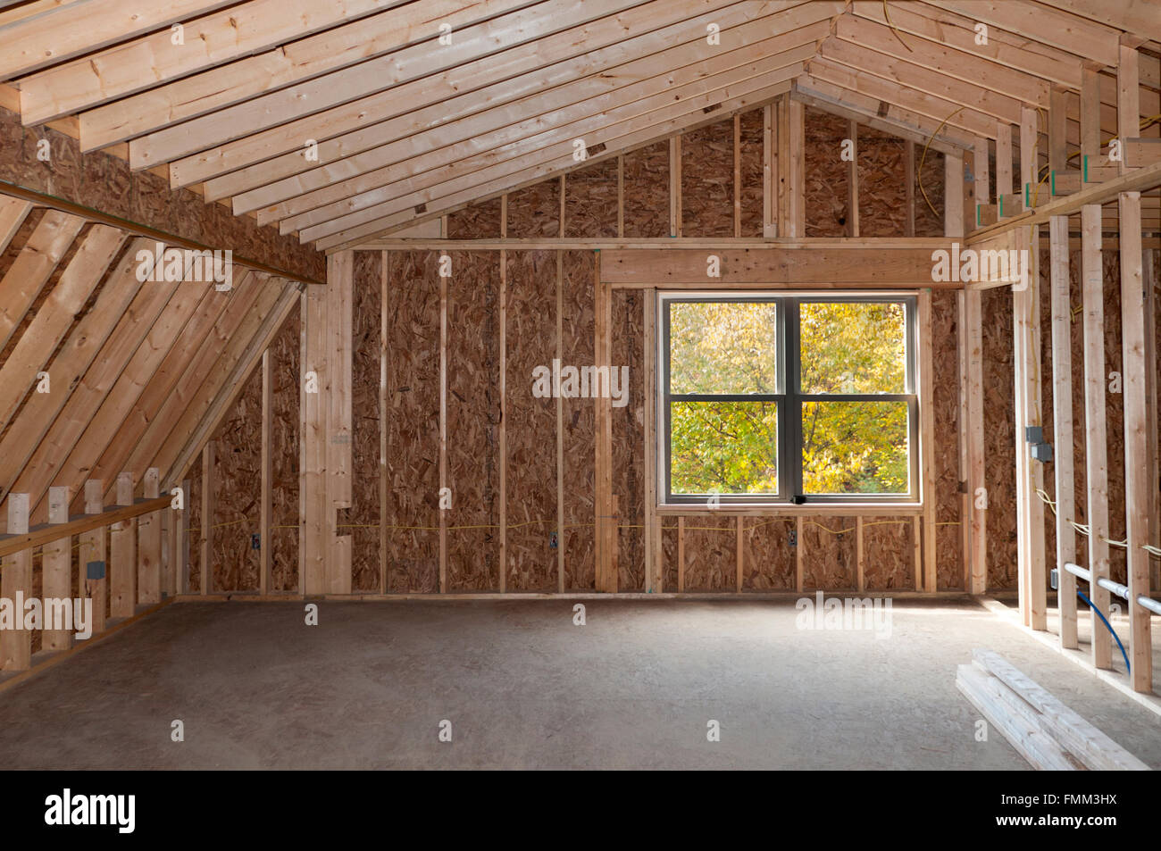 Camera aggiunta costruzione con soffitto spiovente e alberi d'autunno nella finestra di visualizzazione Foto Stock