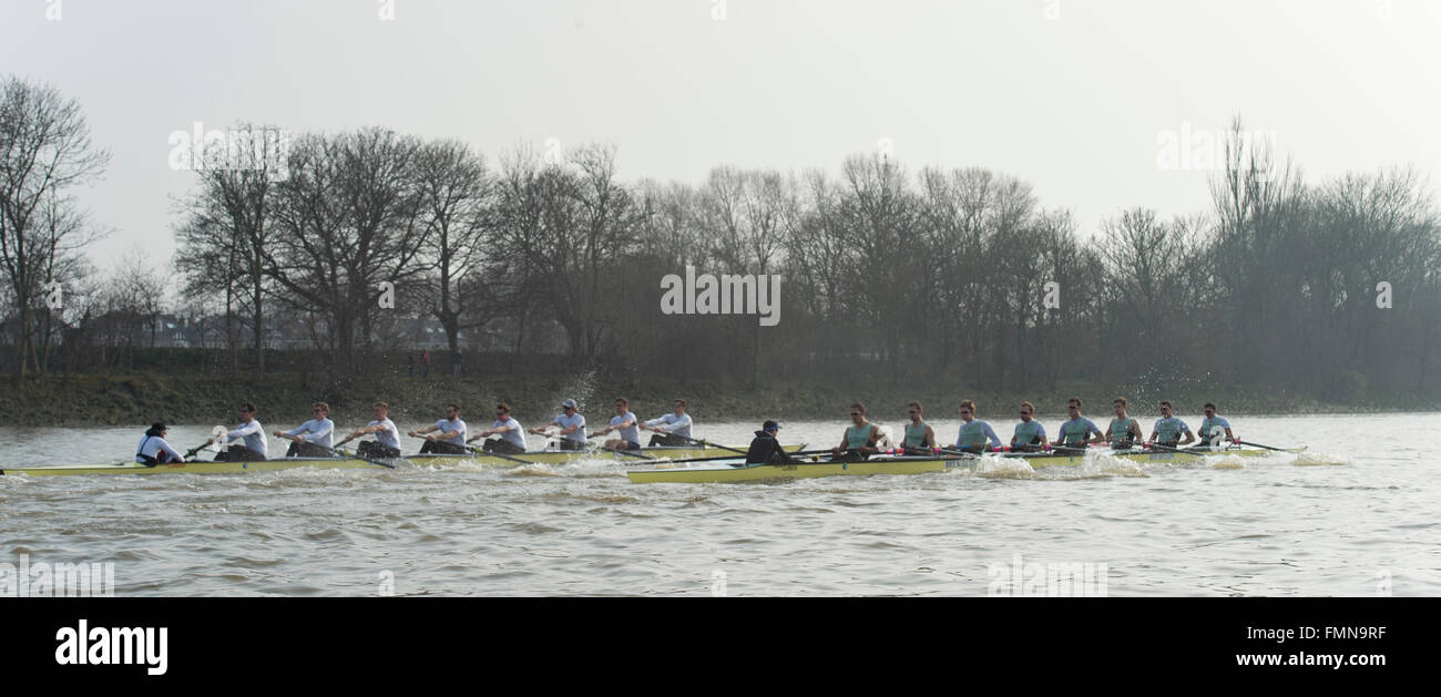 Regno Unito. Xii marzo, 2016. Boat Race infissi finale prima della regata. Cambridge University Boat Club tedesco v sotto 23s. CUBC:, B) Felix Newman, 2) Ali Abbasi, 3) Charles Fisher, 4) Clemens Auersperg, 5) Luca Juckett, 6) Henry Hoffstot, 7) Ben rublo, S) lancia Tredell, C) Ian Middleton. Credito: Duncan Grove/Alamy Live News Foto Stock