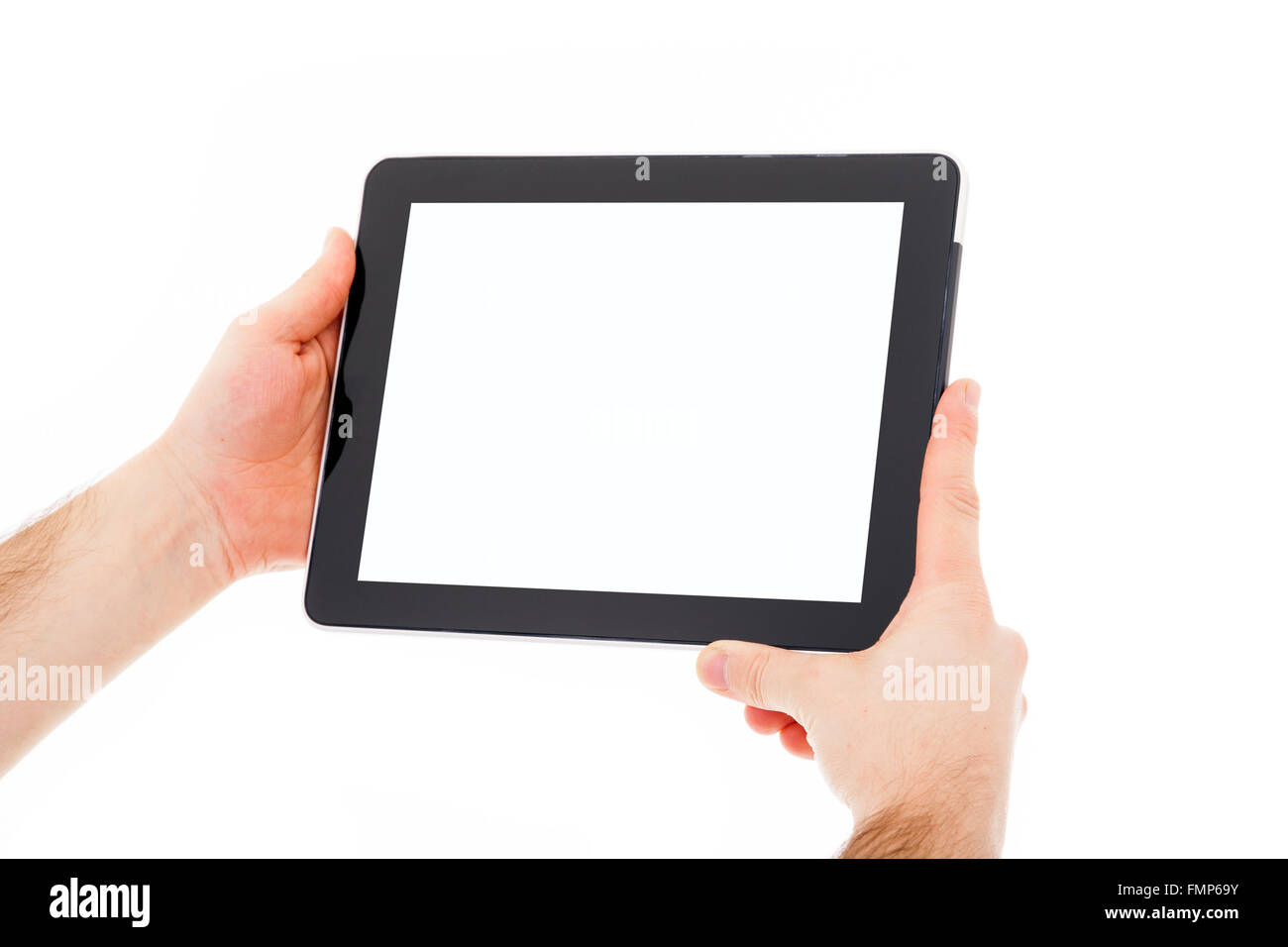 Maschio di mani computer tablet. Isolato su sfondo bianco. Foto Stock