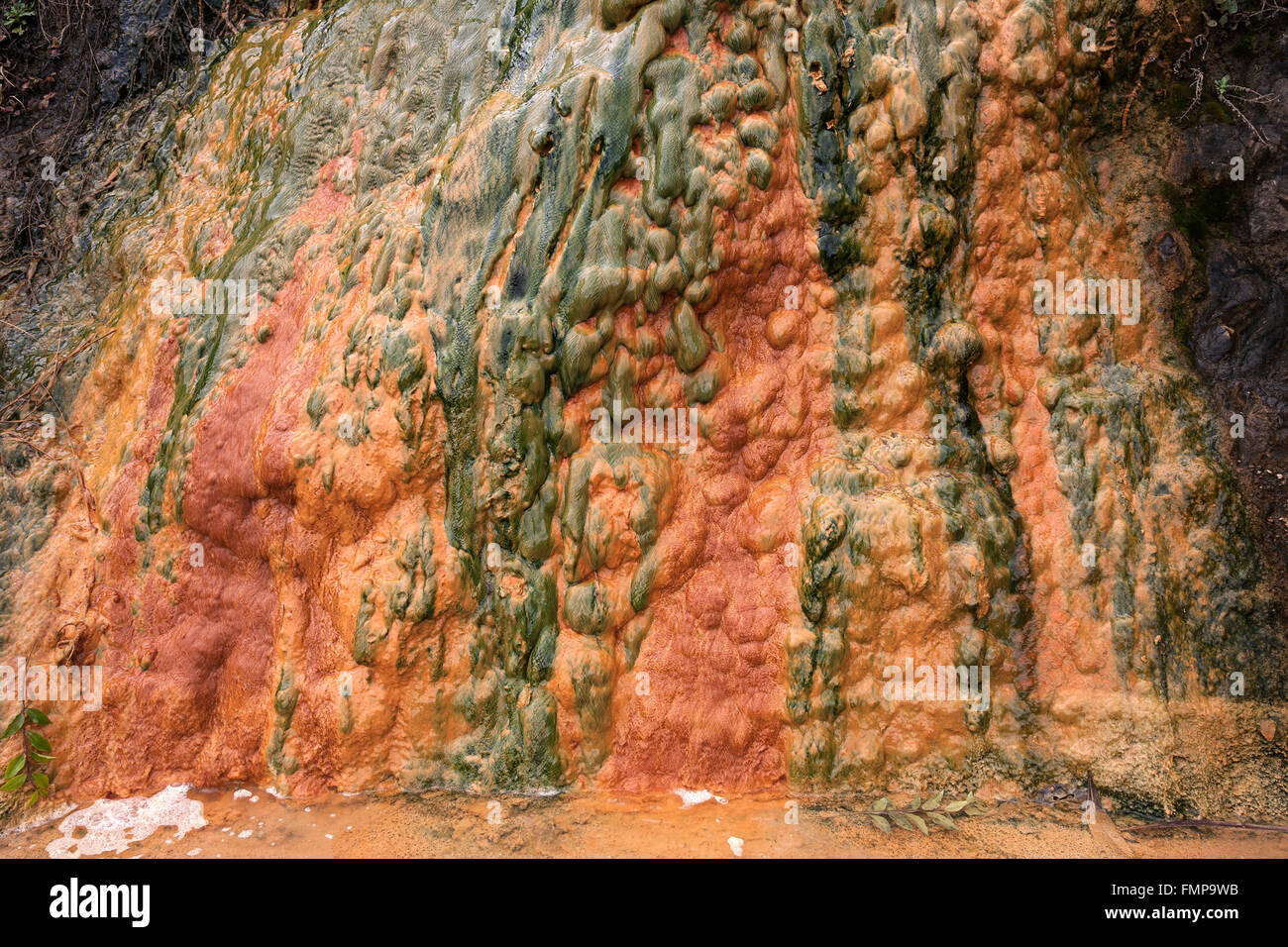 Colorati depositi di minerali in una sorgente termale in Cilaos Cirque de Cilaos, Reunion Foto Stock