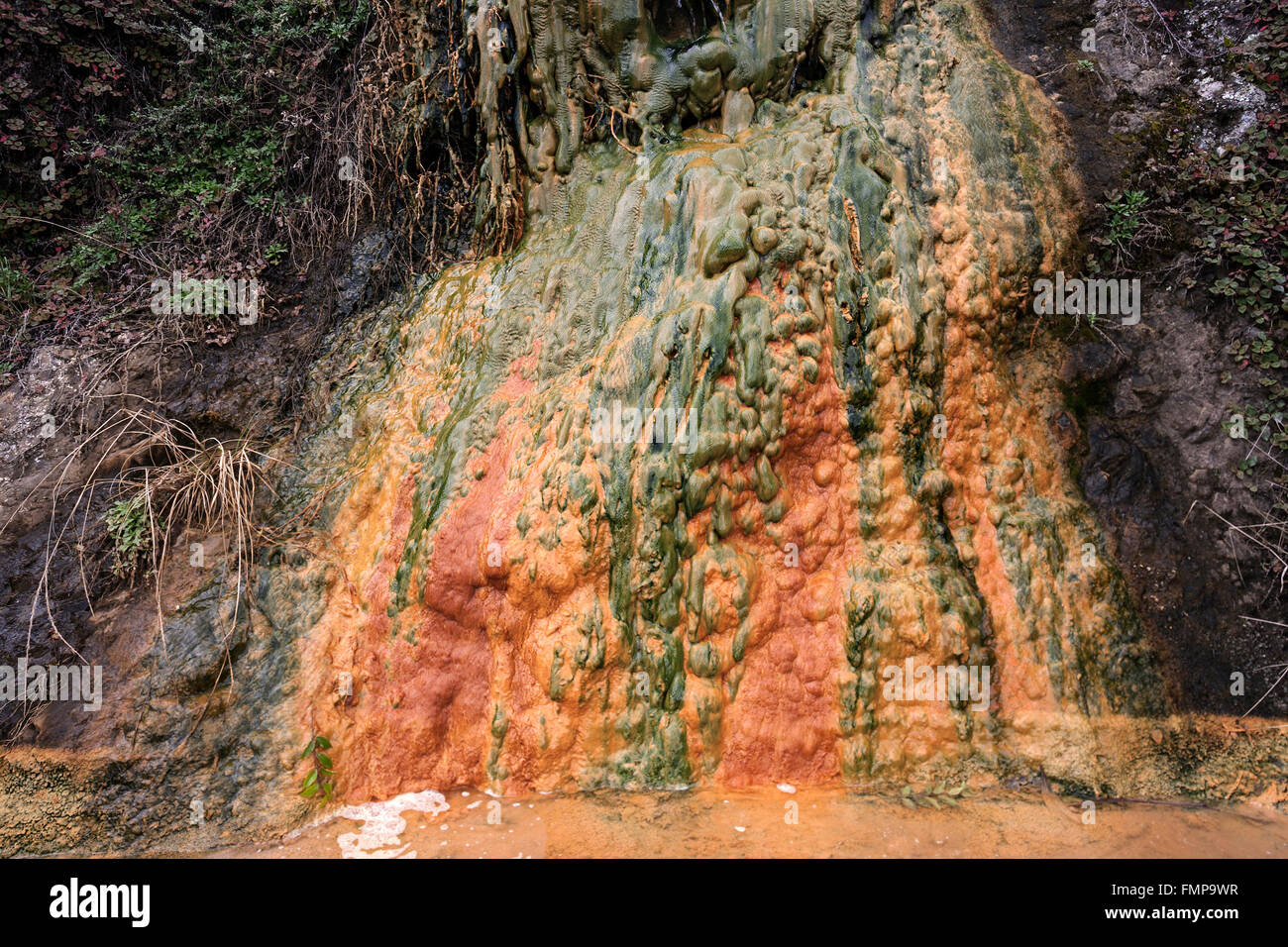 Colorati depositi di minerali in una sorgente termale in Cilaos Cirque de Cilaos, Reunion Foto Stock