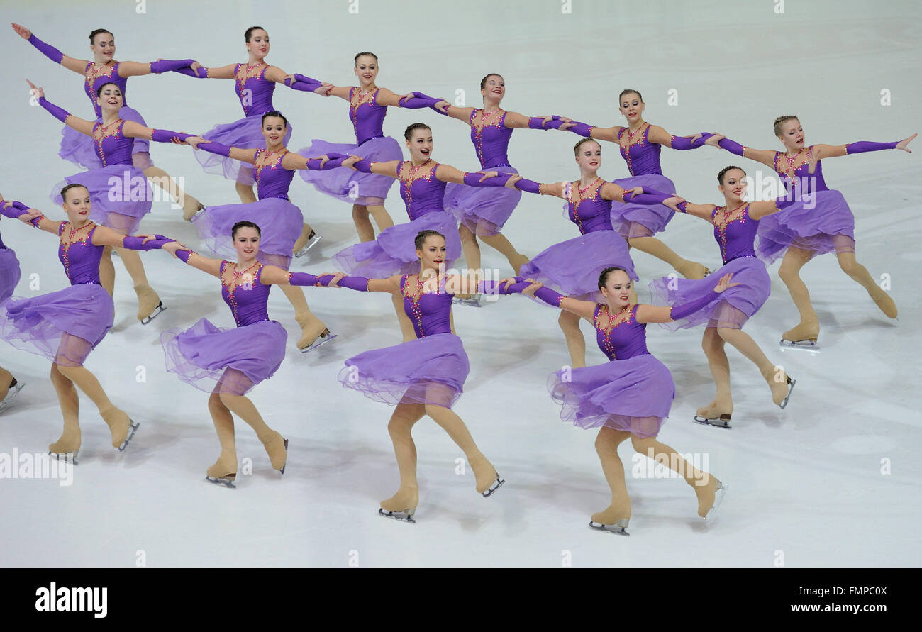 Zagabria, Croazia. Xii Mar, 2016. Team Russia competere durante 2016 ISU di pattinaggio sincronizzato Junior World Challenge Cup a Zagabria, la capitale della Croazia, 12 marzo 2016. Un totale di 20 top JUNIOR di pattinaggio sincronizzato squadre provenienti da 15 paesi di tutto il mondo hanno preso parte al concorso. © Miso Lisanin/Xinhua/Alamy Live News Foto Stock