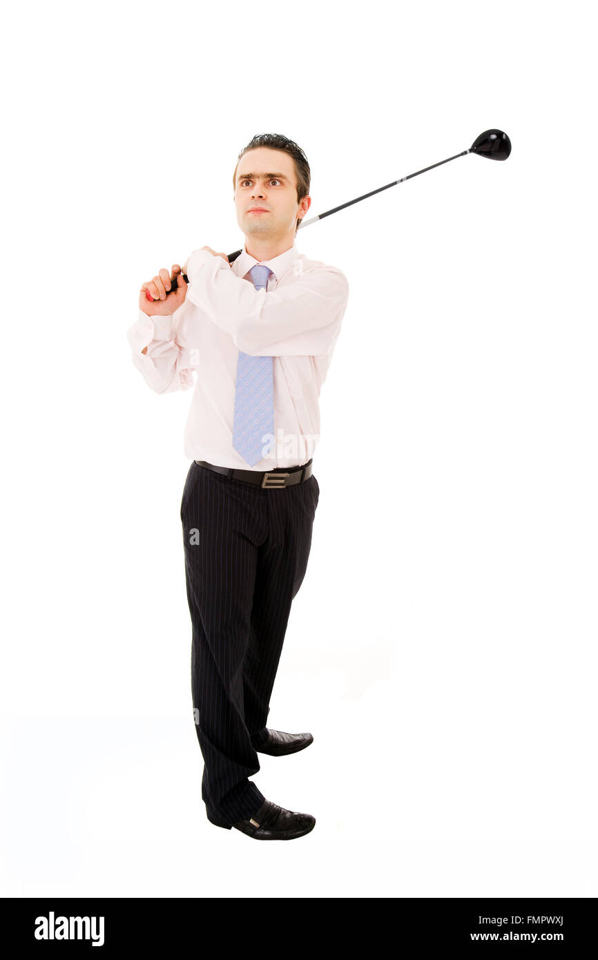 Giovane uomo d affari oscillazione un golf club isolate su uno sfondo bianco Foto Stock