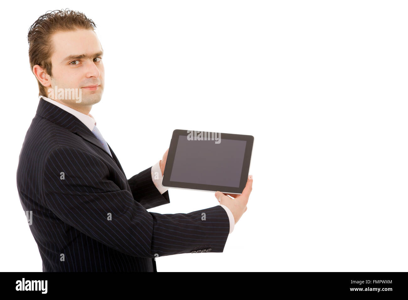 Giovane uomo d affari con i tablet pc. Isolato su sfondo bianco Foto Stock