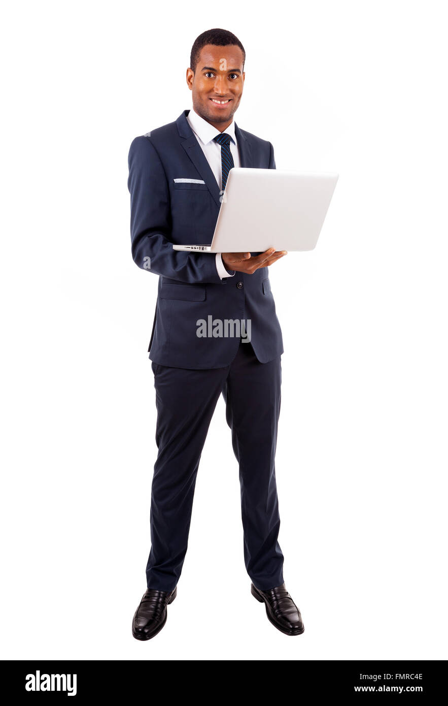 African American uomo d affari con computer portatile, isolato su bianco Foto Stock