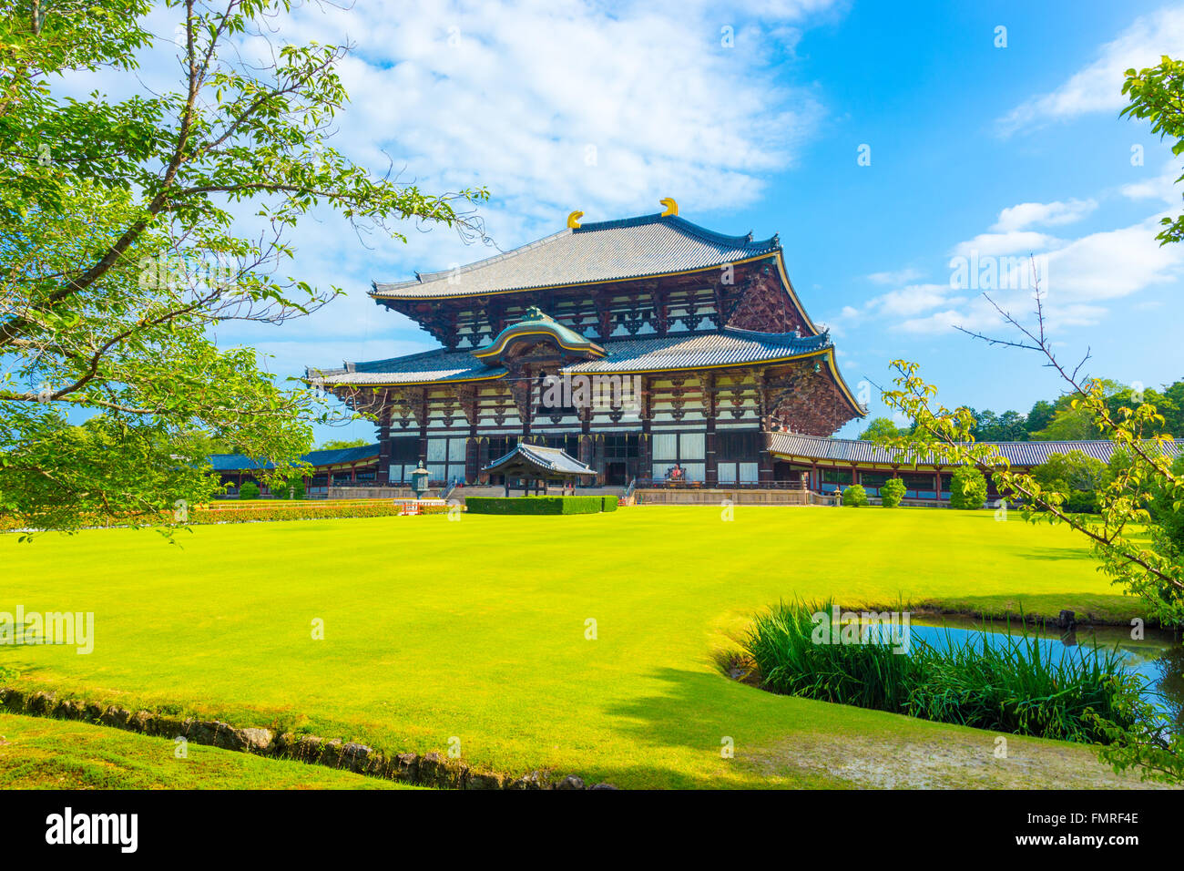 Ampio prato verde in ingresso anteriore sulla facciata motivi principali del Grande Buddha Hall, Daibutsuden, su una bella e blu cielo estate mattino Foto Stock