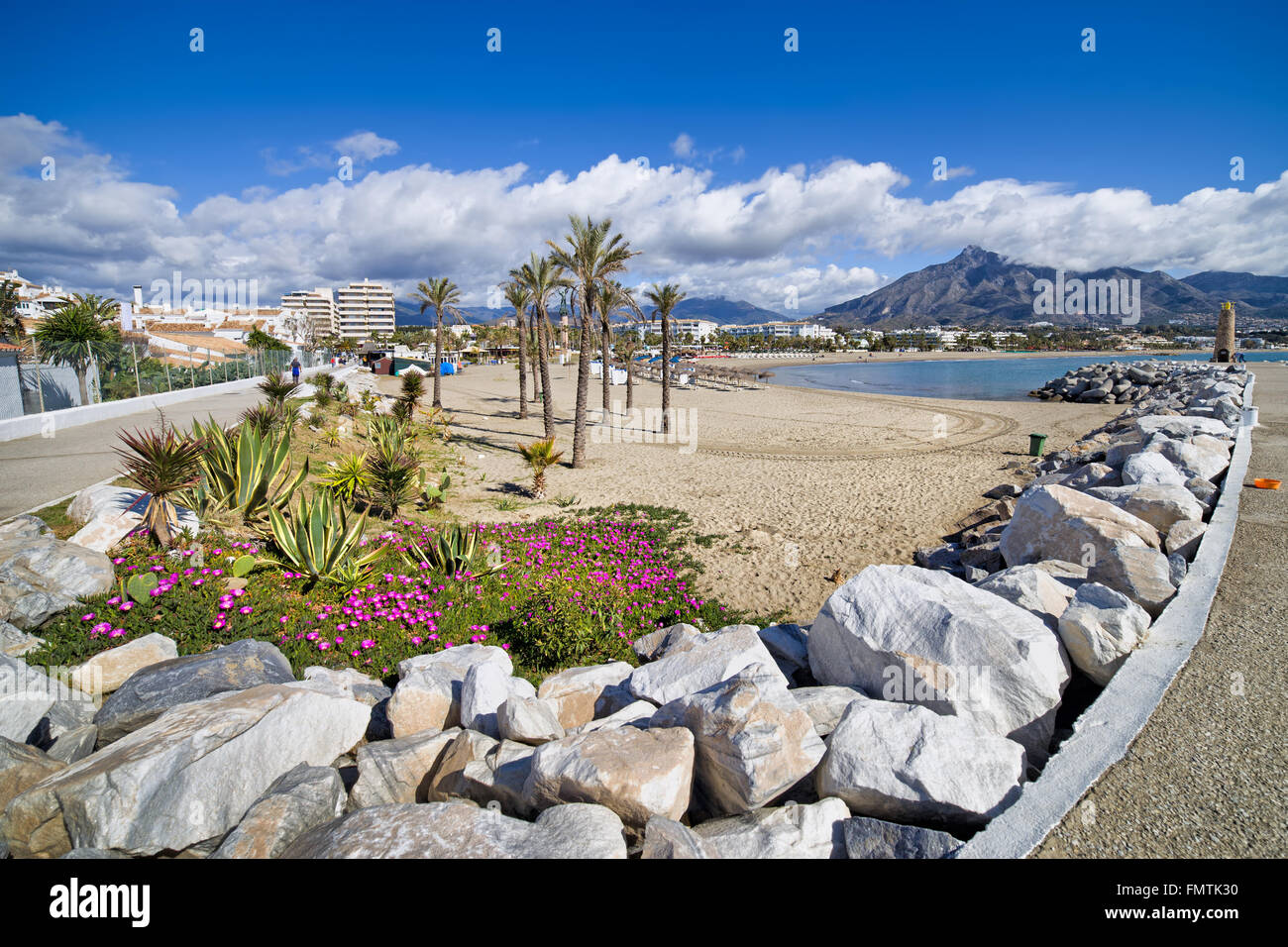 Spagna, Marbella e Puerto Banus, vacanze paesaggio, spiaggia sulla Costa del Sol con fiori, cactus e le palme Foto Stock