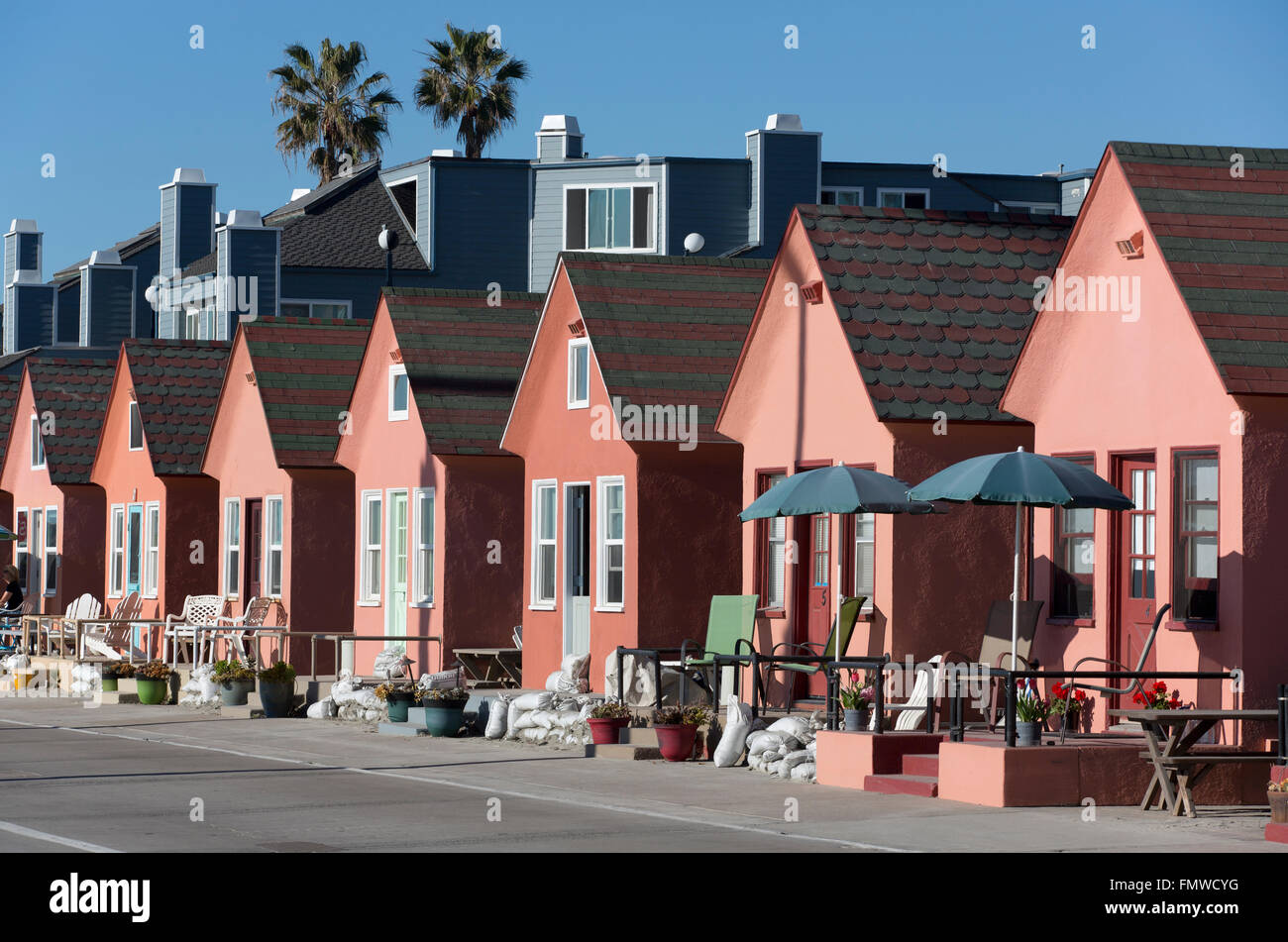 Ocean front cottages, Oceanside, California, Stati Uniti d'America Foto Stock