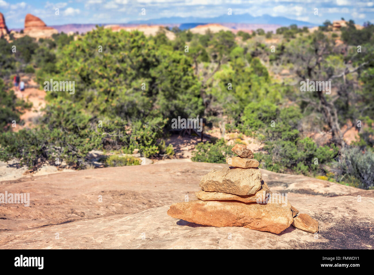 Segnavia fatta di pietre da percorso di trekking, profondità di campo, STATI UNITI D'AMERICA. Foto Stock