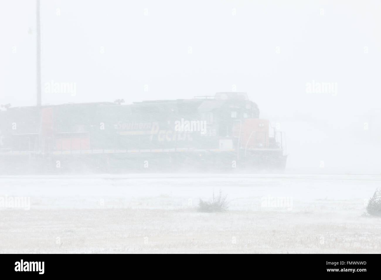 Un treno pacifico arrestato in Goodland, Kansas a causa di un Allarme bufera di neve. Foto Stock