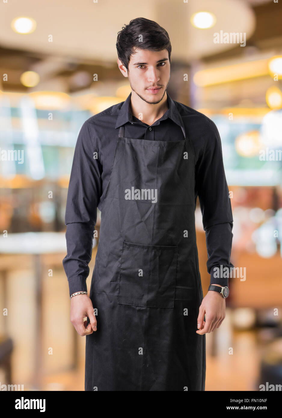 Il giovane chef o il cameriere in posa, indossare un grembiule nero e  camicia in bar o ristorante o cena Foto stock - Alamy