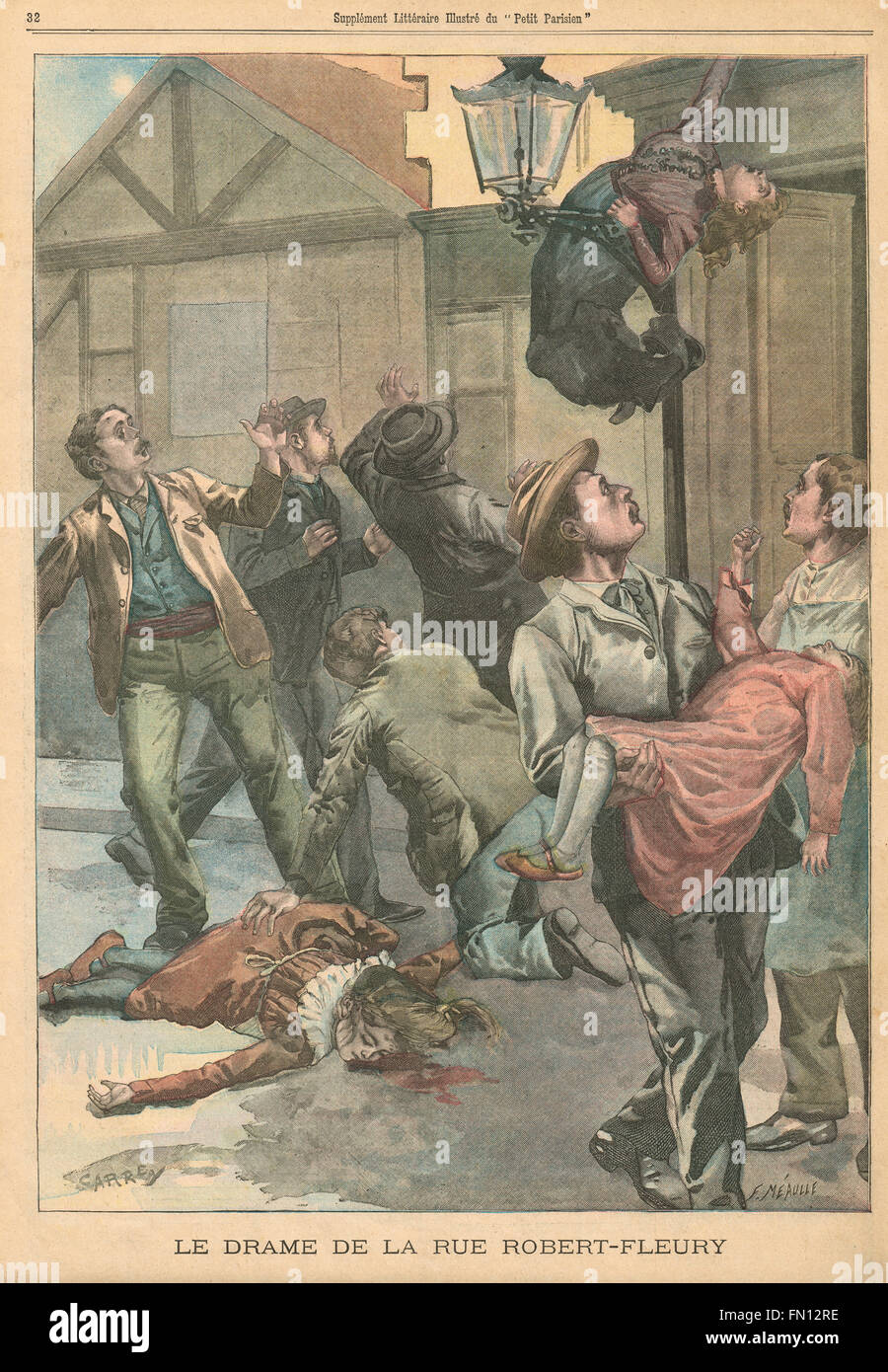 Suicidio e omicidio. Dramma Rue Robert-Fleury, Parigi, Francia nel 1900. Quotidiano francese illustrato le Petit Parisien illustrazione Foto Stock