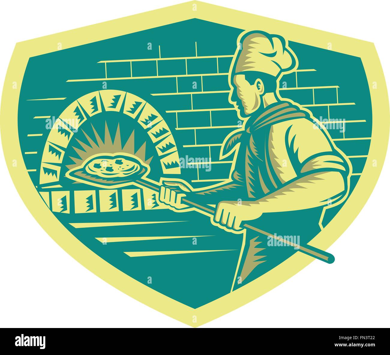 Illustrazione di un fornaio pizzaiolo tenendo una buccia con pizza in un forno di mattoni a visione laterale impostato all'interno della protezione fatto rétro xilografia stile. Illustrazione Vettoriale