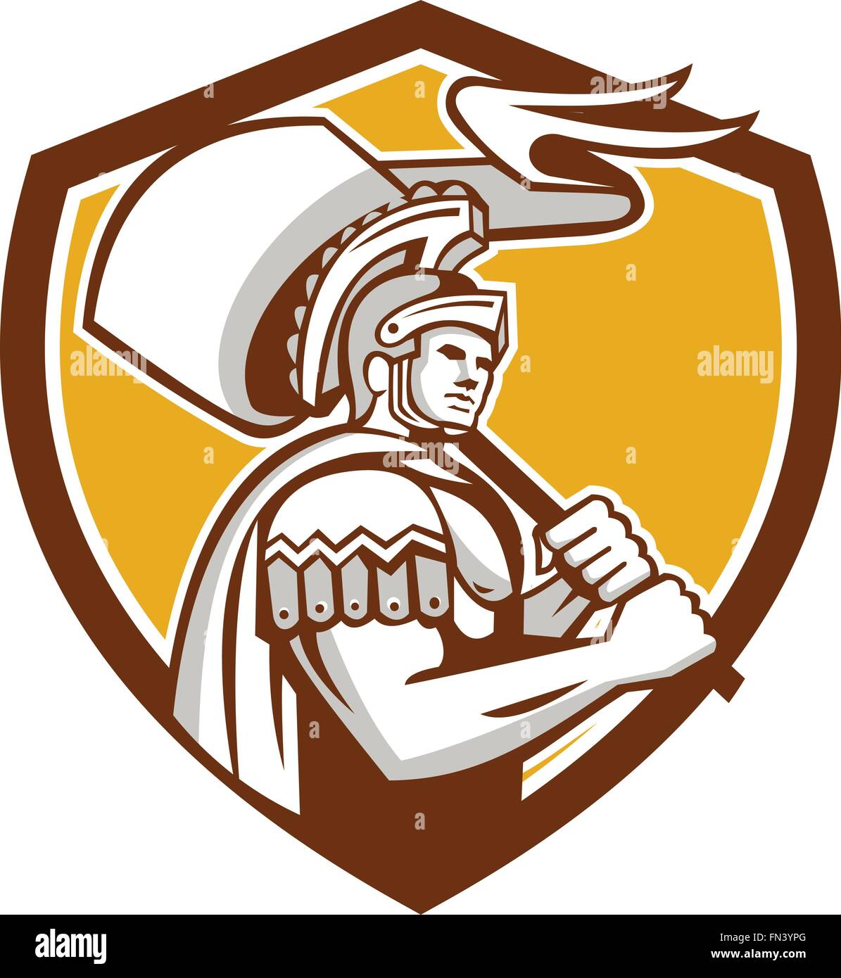 Illustrazione del centurione soldato romano gladiatore che trasportano flag impostato all'interno del crest scudo fatto in stile retrò su sfondo isolato. Illustrazione Vettoriale