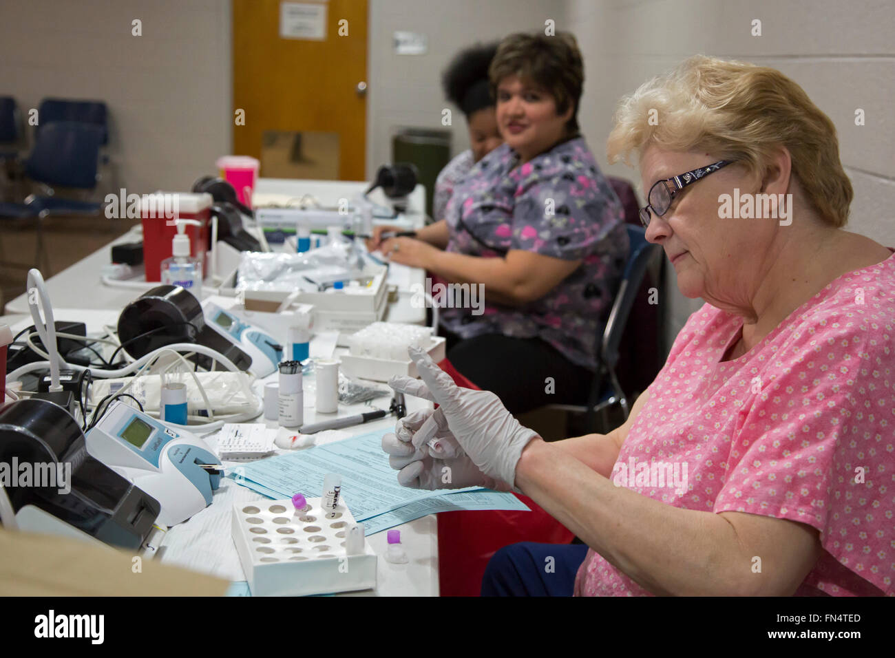 Selce, Michigan - Medical technologist Peggy Abram prove di campioni di sangue di pietra focaia residenti per la presenza di piombo. Foto Stock