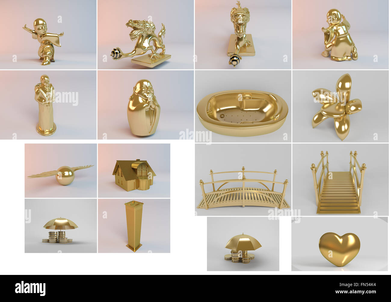 Grande 3d collezione di oggetti d'oro con rendering di alta qualità e dettagli che possono anche essere facilmente isolato. Foto Stock