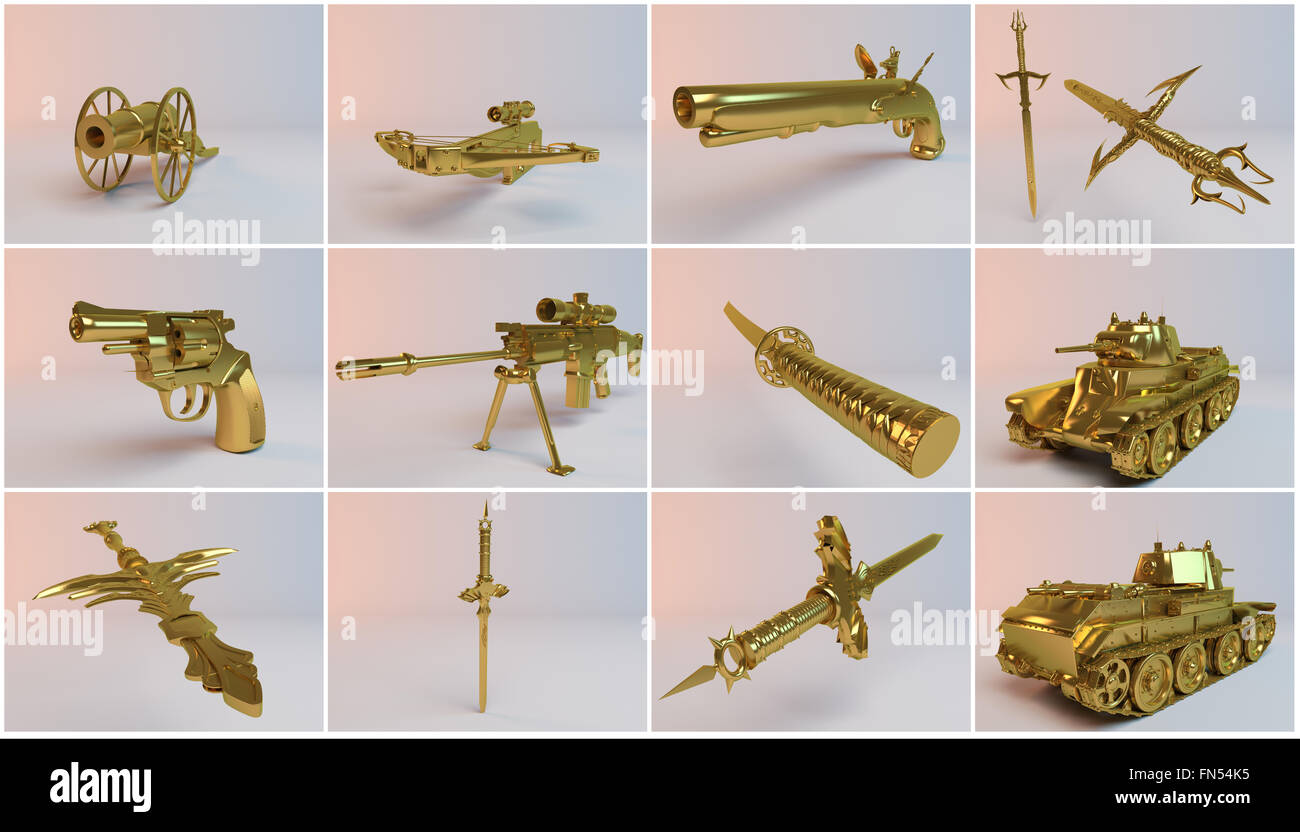 Golden imaginary 3d la raccolta di armi con molte attrezzature e alta qualità rende di pistole, spade, serbatoio, Canon e un fucile. Foto Stock