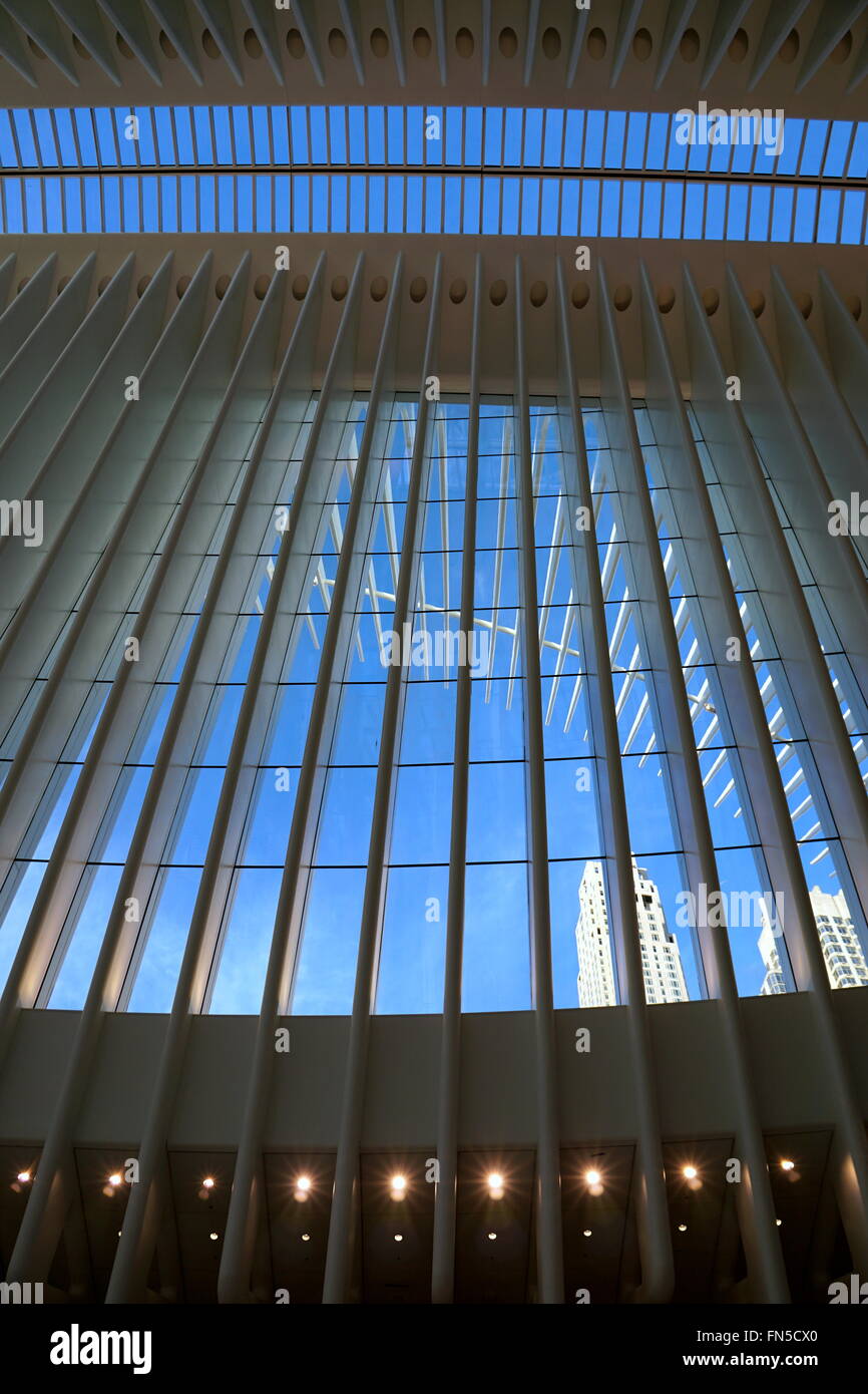 Guardando attraverso il vetro del soffitto e delle pareti all'interno del WTC Oculus, New York City, NY, STATI UNITI D'AMERICA Foto Stock Guardando attraverso il vetro del soffitto e delle pareti all'interno del WTC Oculus, New York City, NY, STATI UNITI D'AMERICA Foto Stock