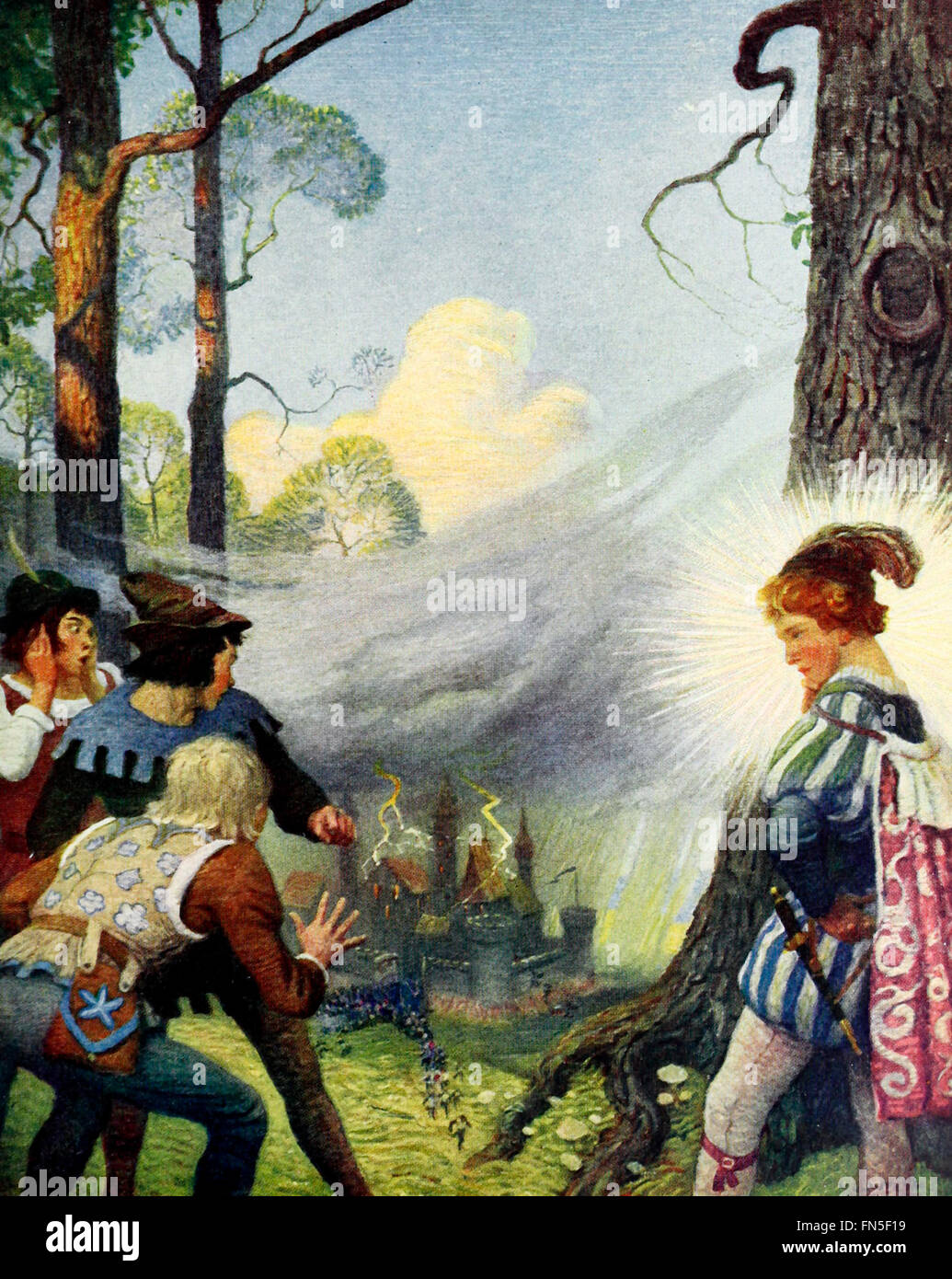 Il Fulmine autocollimanti fuori il flash su flash e impostare il castello sul fuoco - un dipinto da N. C. Wyeth 1916 Foto Stock