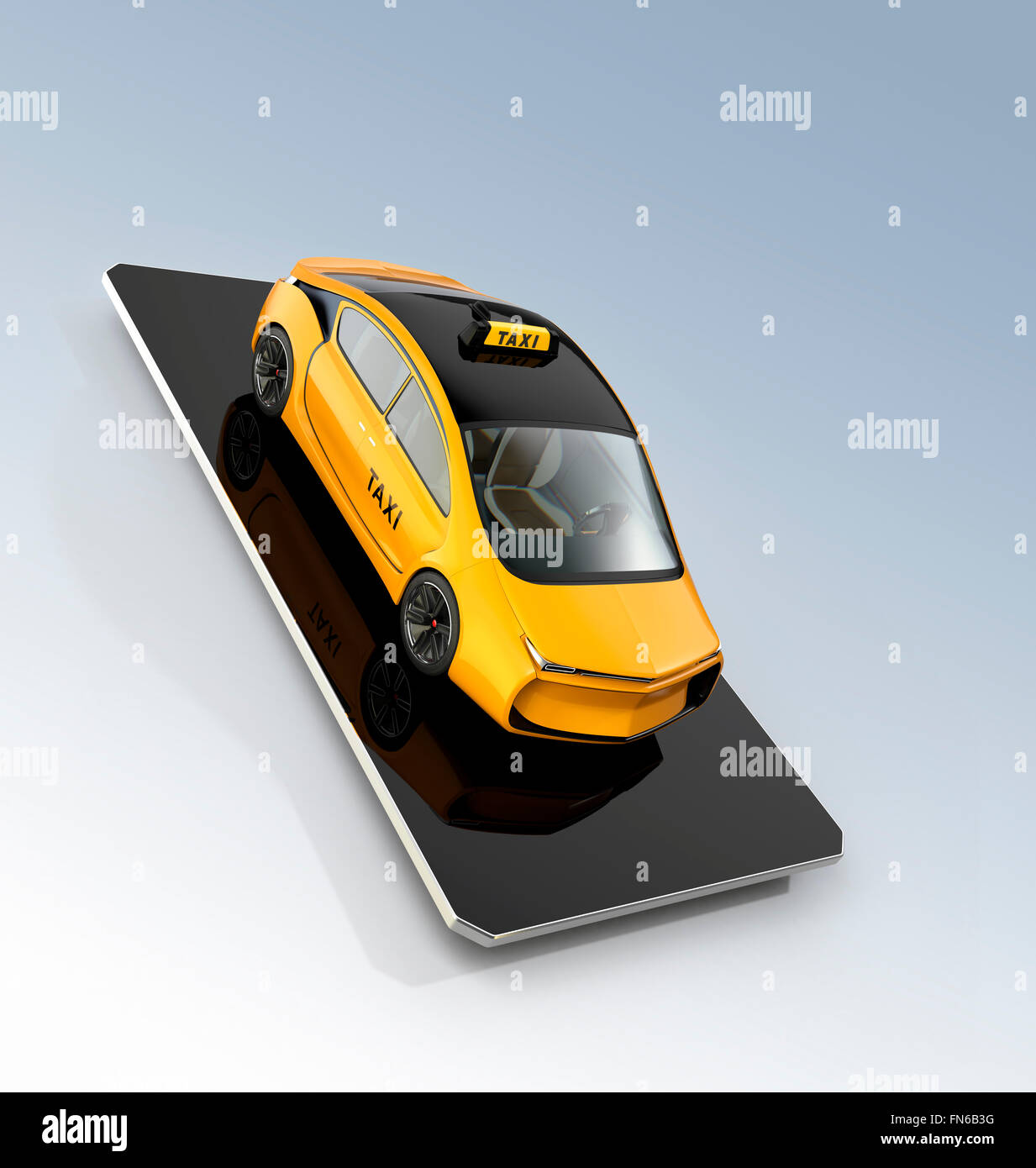 Giallo taxi elettrico su smart phone. Concetto per la telefonia mobile di un taxi servizio d'ordine. Foto Stock