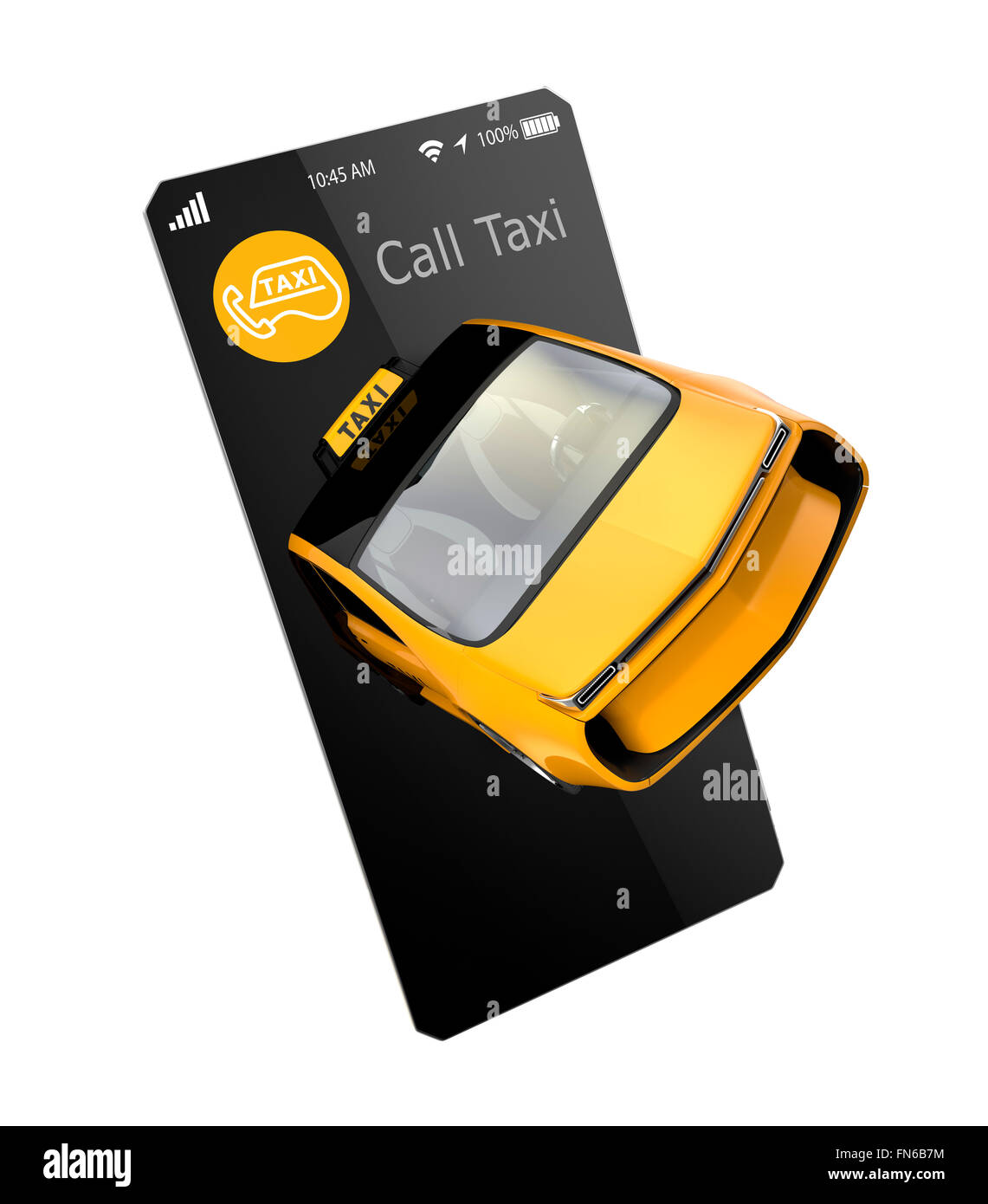 Giallo taxi elettrico su smart phone. Concetto per la telefonia mobile di un taxi servizio d'ordine. Foto Stock