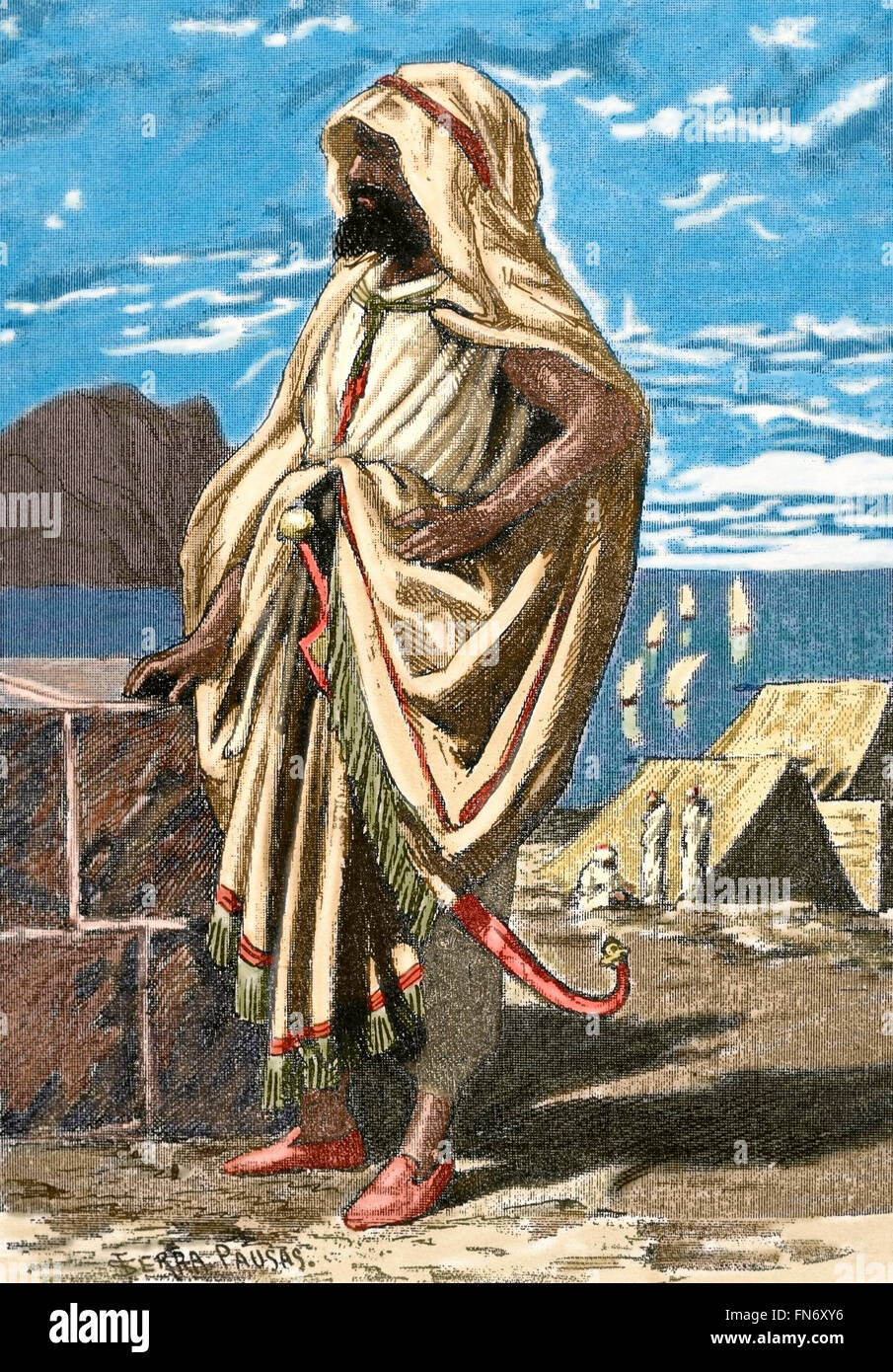 Tariq ibn Ziyad (670-722). Musulmani generale delle tribù berbere del Nafza che ha guidato la conquista musulmana dell'Hispania visigota. Incisione. Colorati. Foto Stock