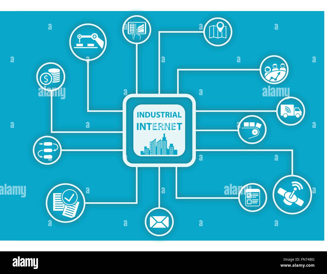 Internet industriali o industria 4.0 ed infografico. Illustrazione Vettoriale per dispositivi collegati utilizzando simboli diversi Illustrazione Vettoriale