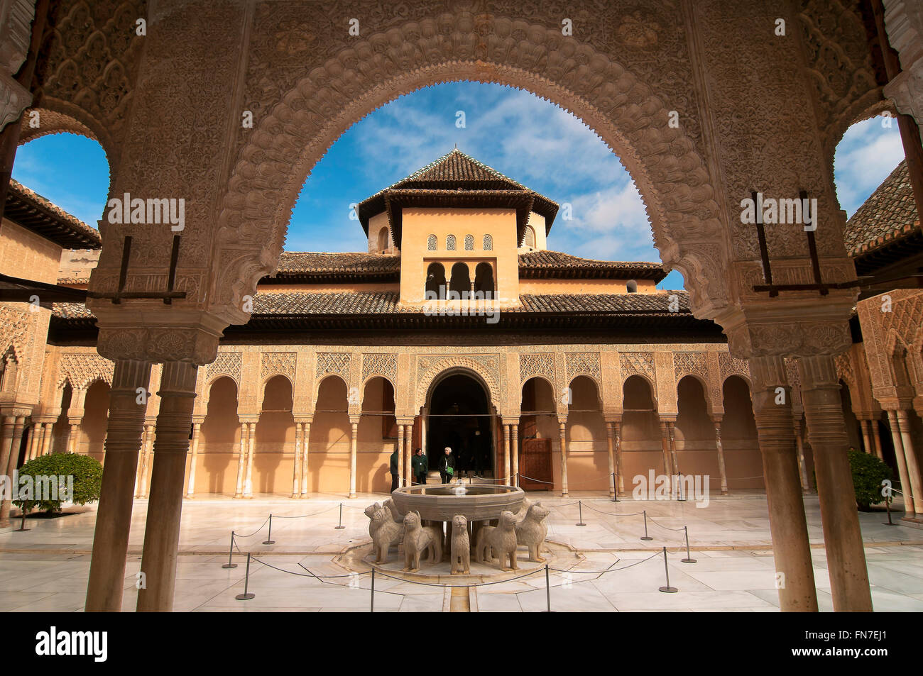 I Lions cortile, l'Alhambra di Granada, regione dell'Andalusia, Spagna, Europa Foto Stock