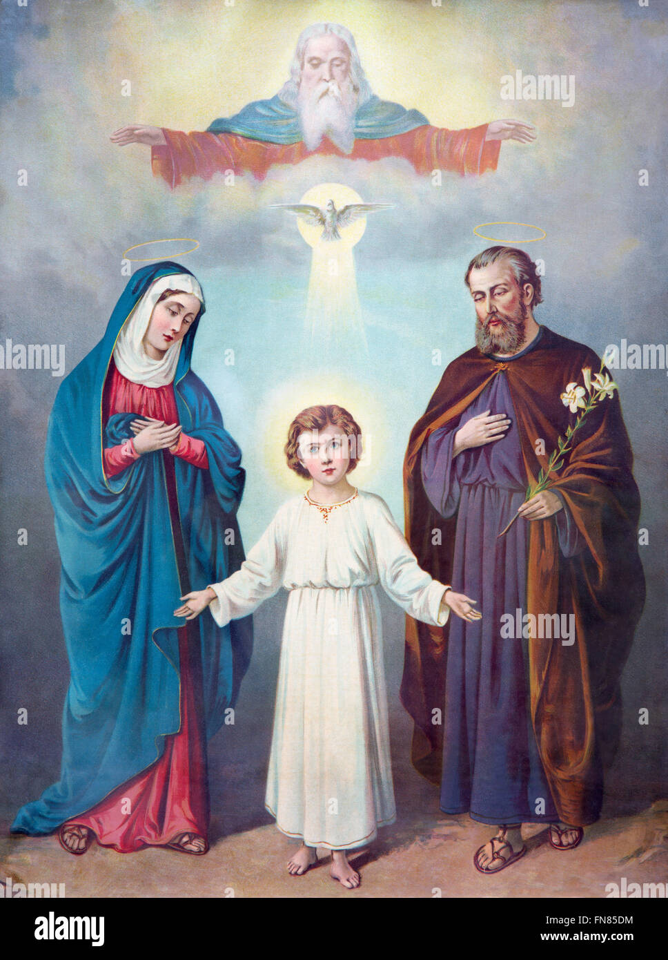 SEBECHLEBY, Slovacchia - 27 febbraio 2016: tipica immagine cattolica della Sacra Famiglia e la Trinità. Foto Stock