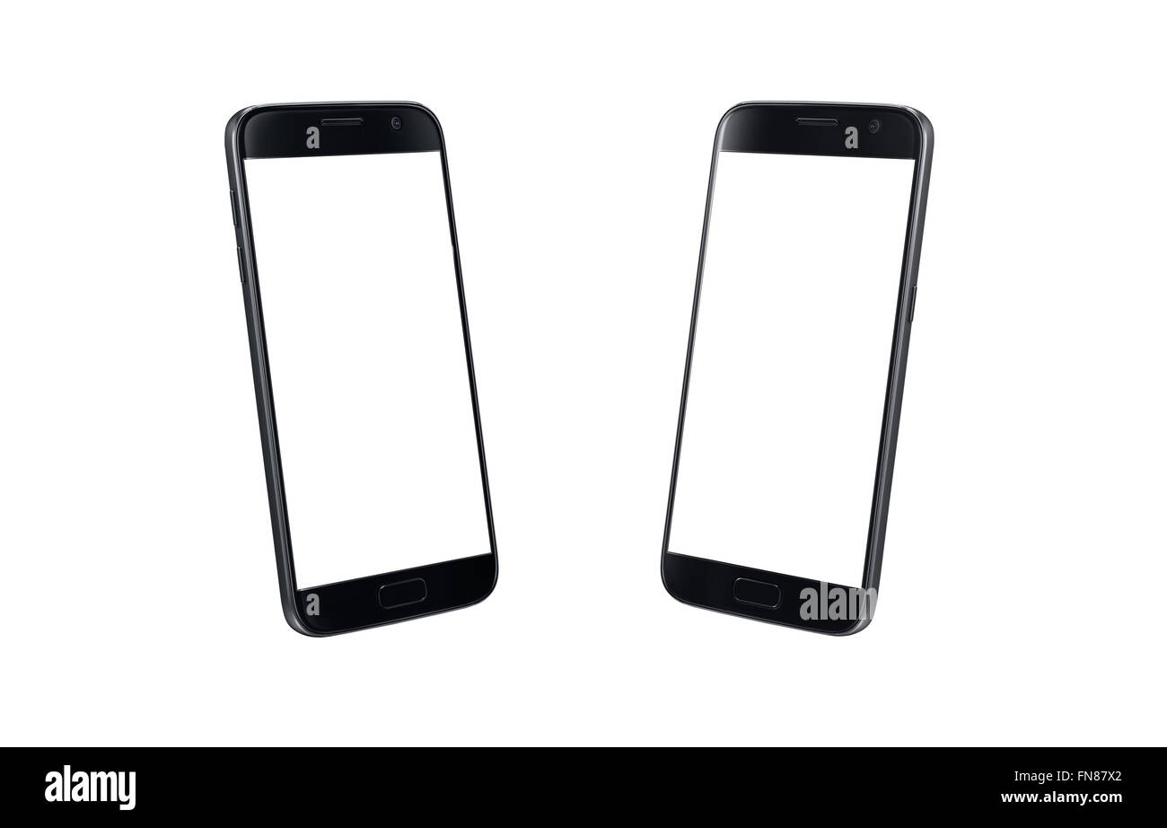 Moderno nero smart phone vista isometrica. Schermo bianco per mockup, isolata, due lati. Foto Stock
